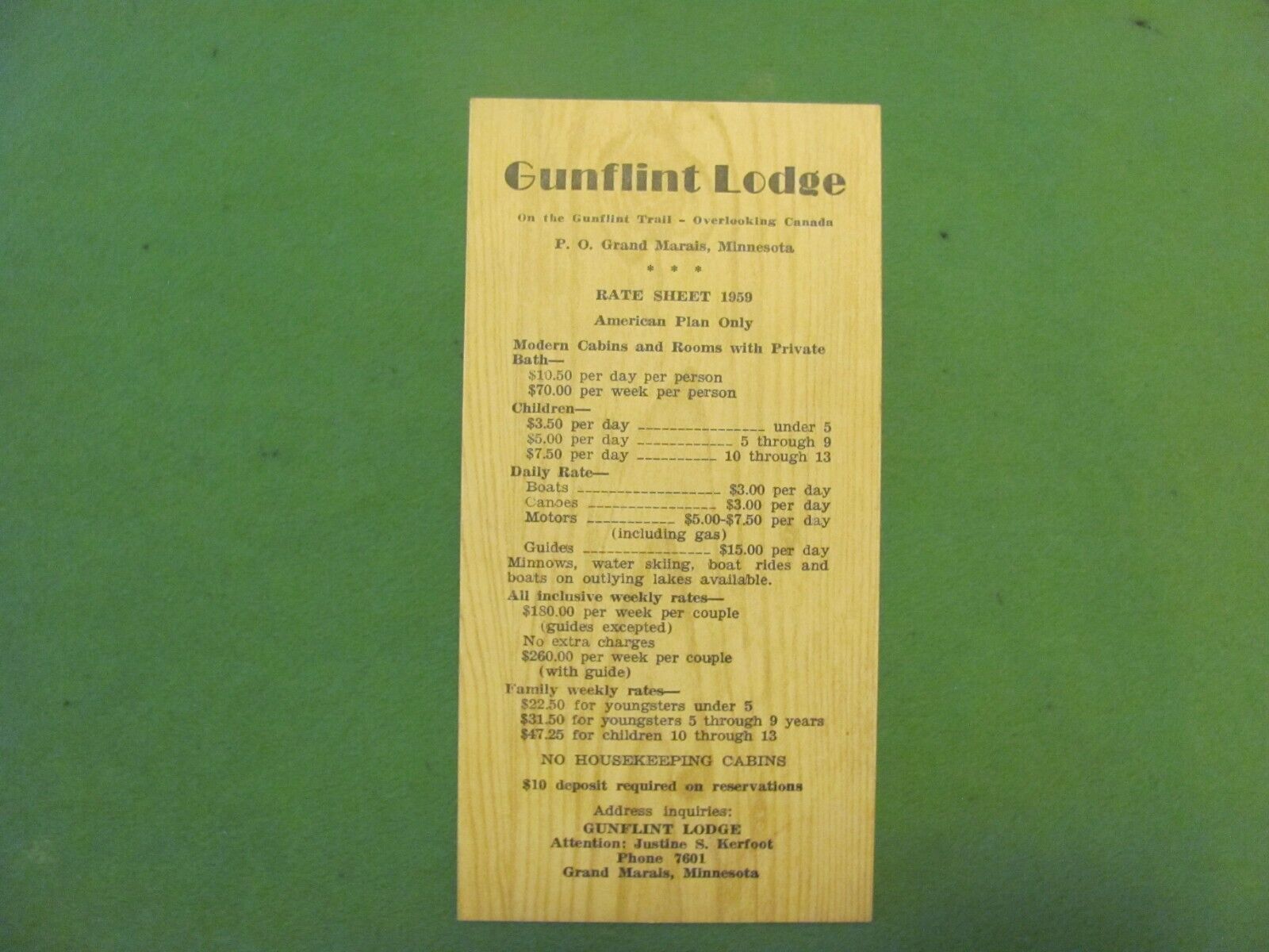 Vintage Gunflint Lodge Grand Marais, Minnesota 1959 Rate Sheet.