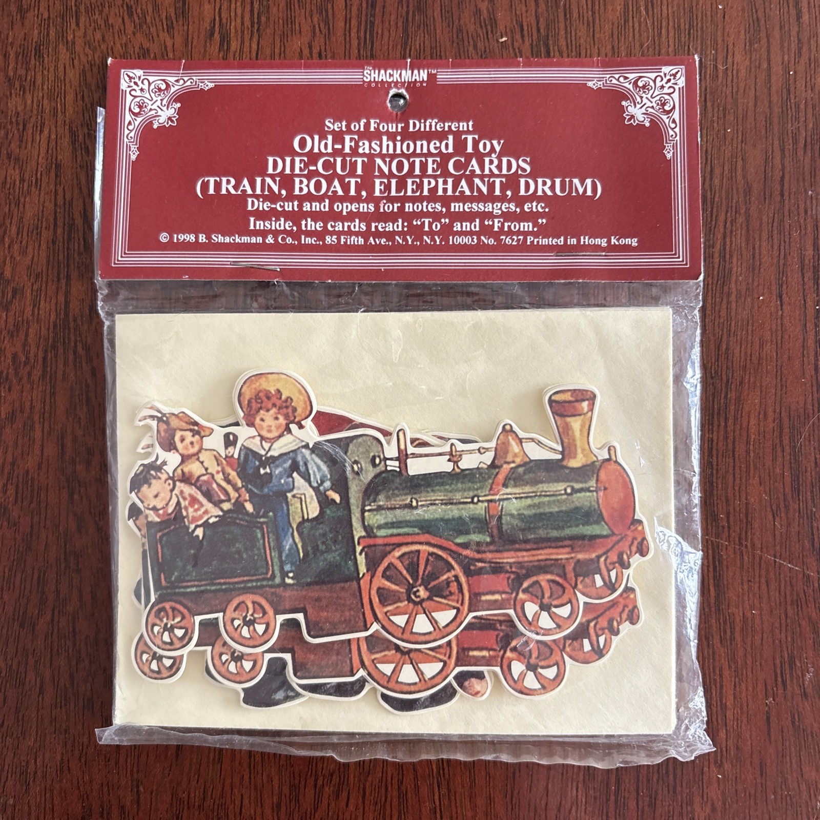 NOS Set of 8 Shackman Die Cut Gift/Note Cards Envelopes Train Boat Elephant Drum