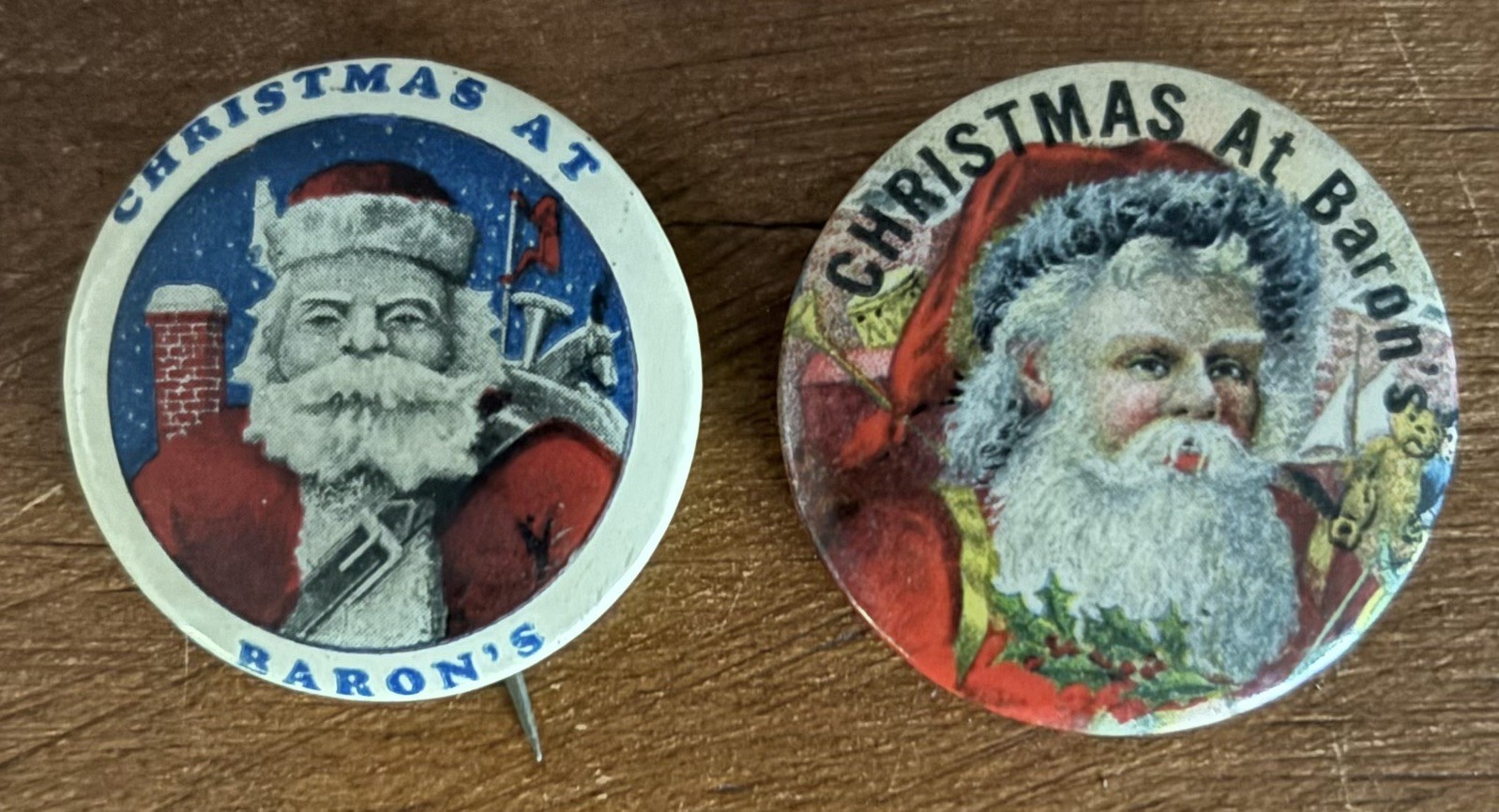 2 Rare Vintage CHRISTMAS at Baron’s SANTA Pin-back Buttons Madison Wisconsin