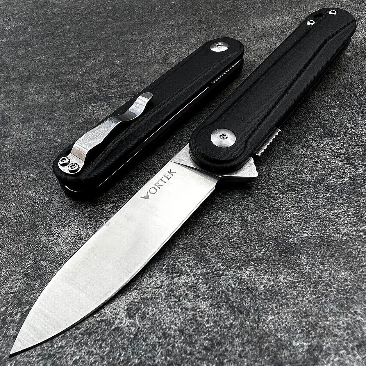 VORTEK CRICKET Small Slim Light Black D2 Blade Flipper EDC Folding Pocket Knife