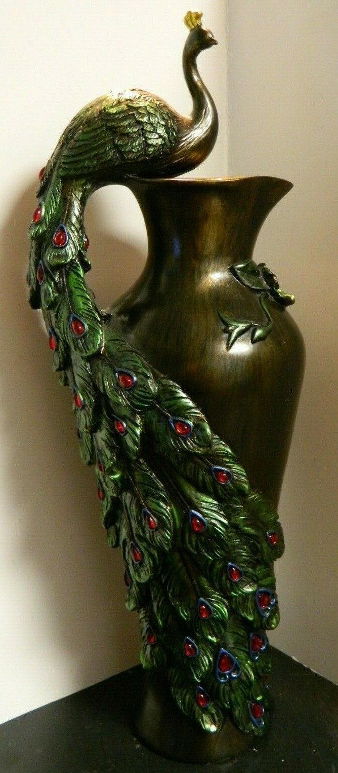 Vintage Bronze Finished Resin Oriental Peacock Ewer w/ Red Glass Beads Excellent