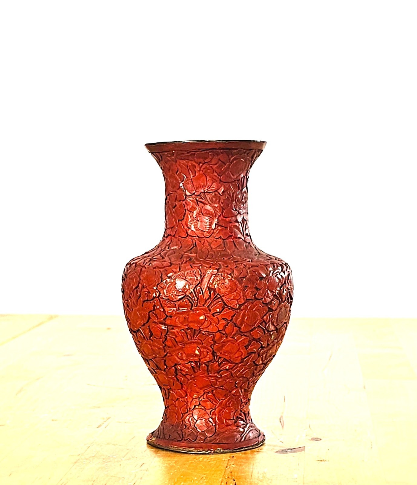 1950s Chinese Handcarved Red Cinnabar Vase Vintage 6.5”