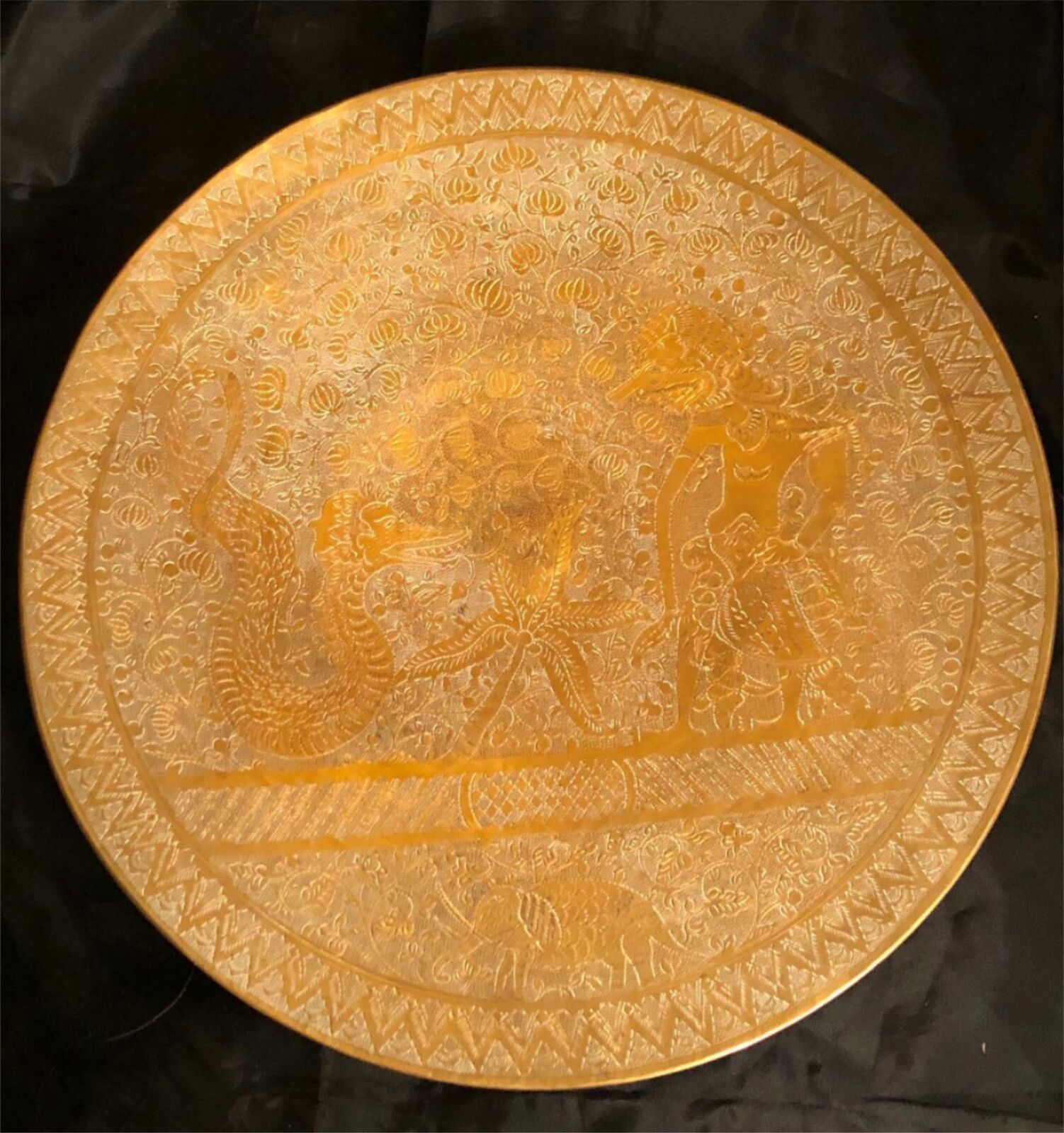 Gold Dragon Engraved Wayang Golek Shadow Bali Java  Puppet Brass Plate 12” 1910