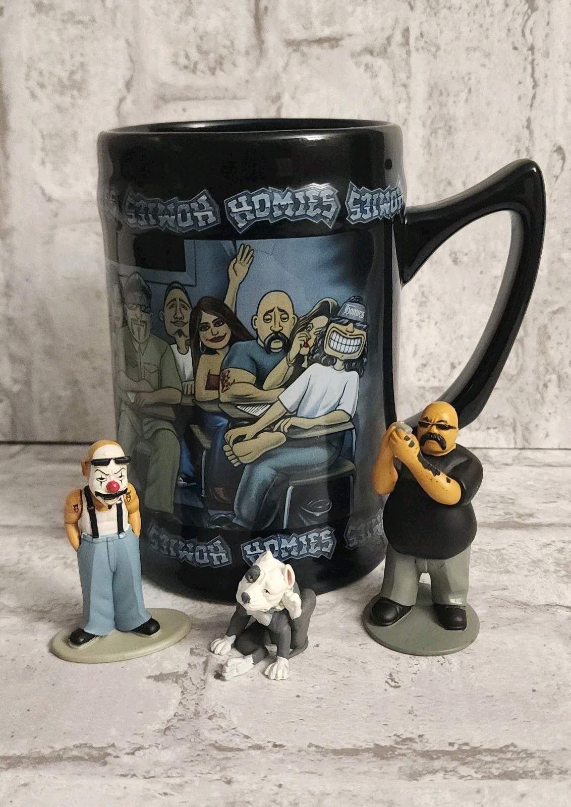 VTG 2003 Homies NECA Ceramic Mug Stein Rare w/3 Homies Figures D. Gonzales 
