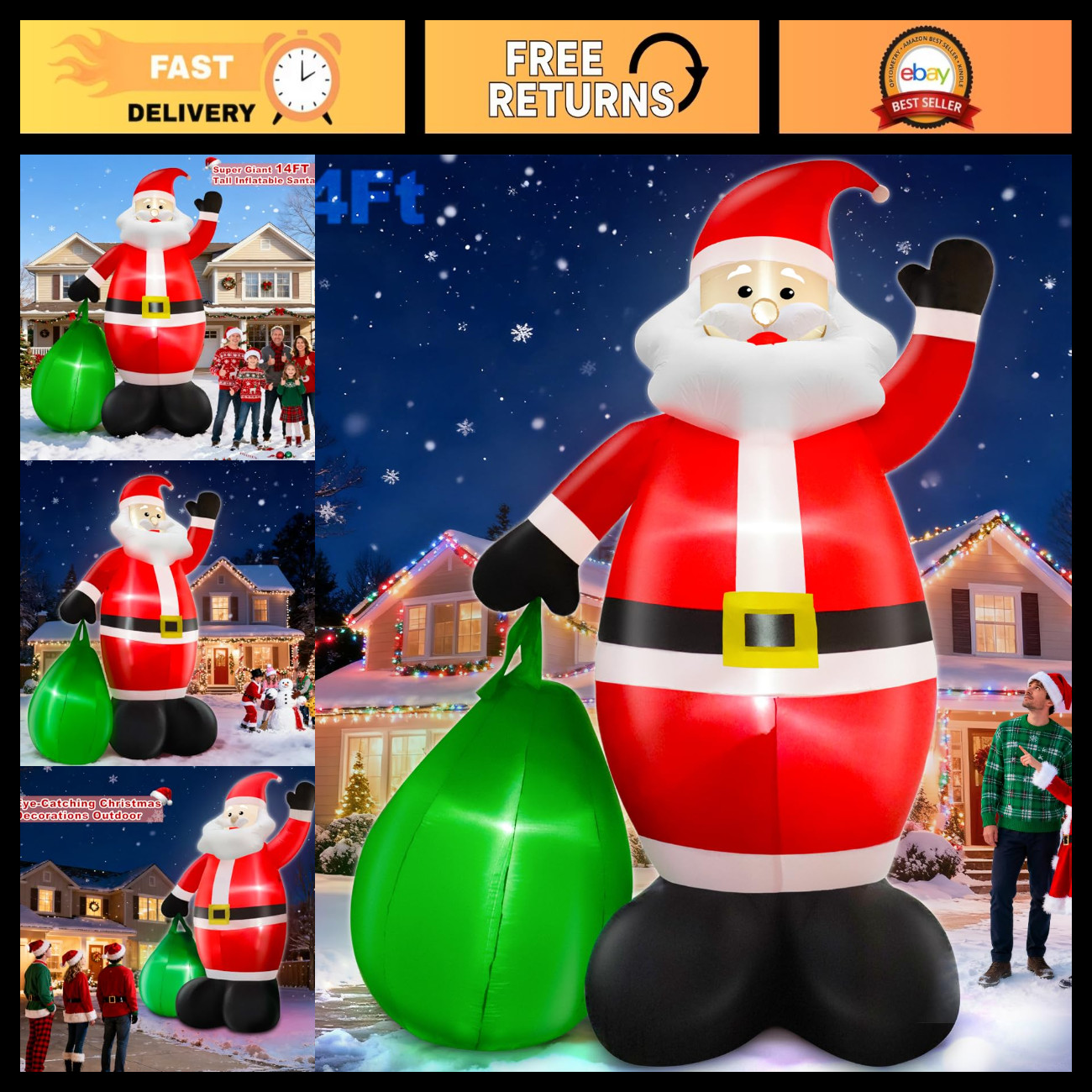 Giant 14ft Inflatable Santa Claus with Gift Bag - Lighted Outdoor Xmas Yard Deco