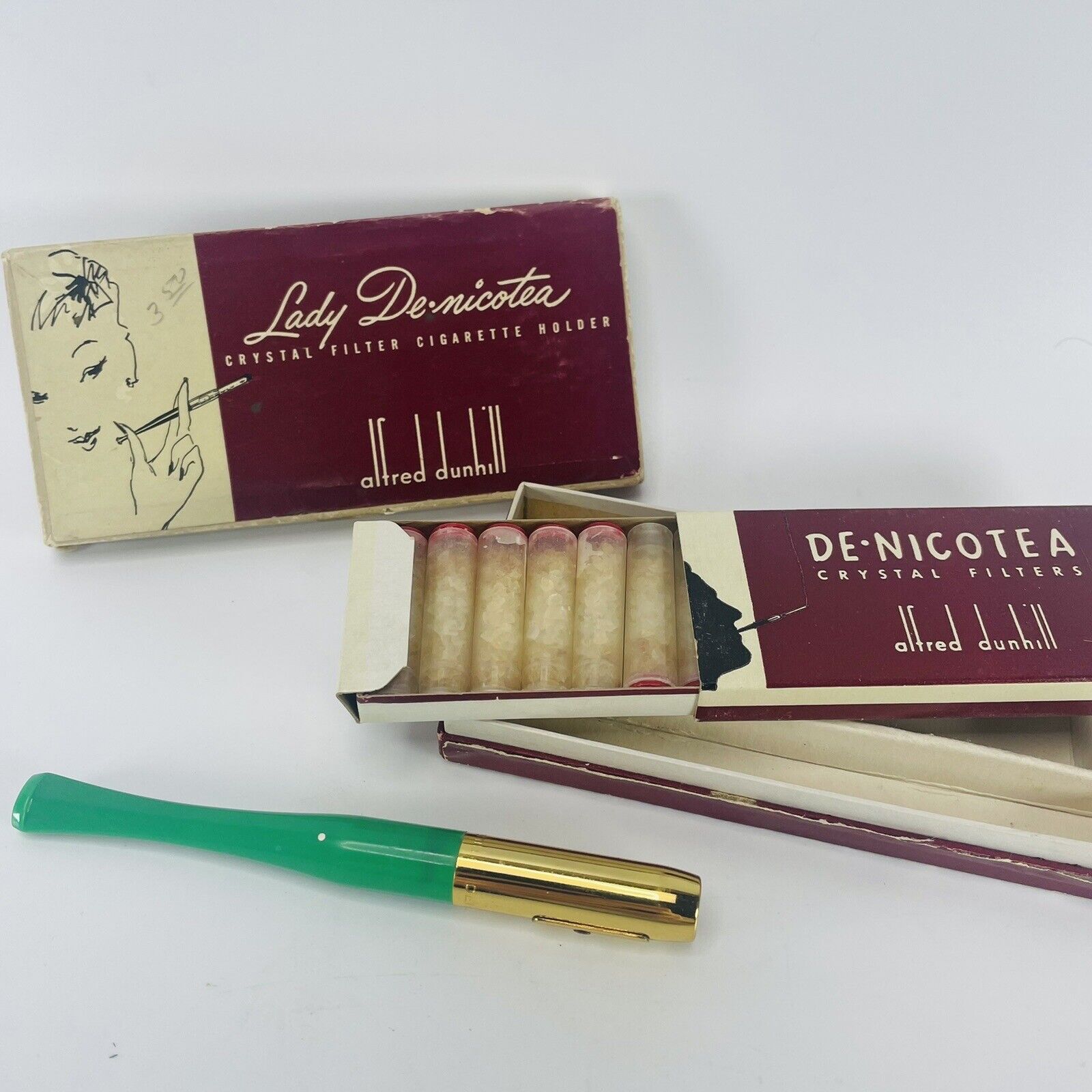 Alfred Dunhill Lady Denicotea Green Crystal Filter Cigarette Holder Kit VTG