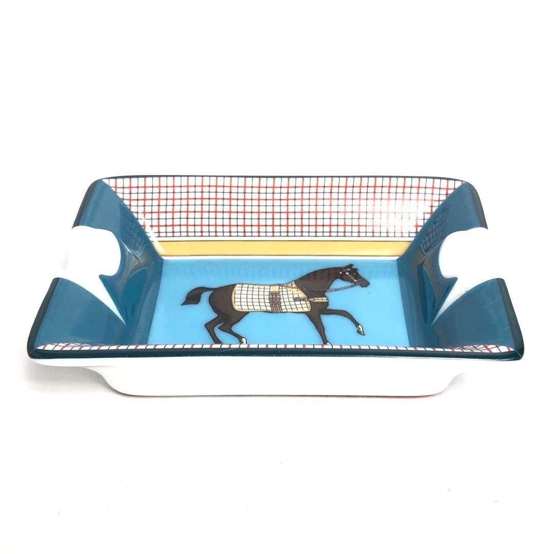 HERMES Mini Ashtray Horse Blue Check Porcelain Tray Made in France JAPAN