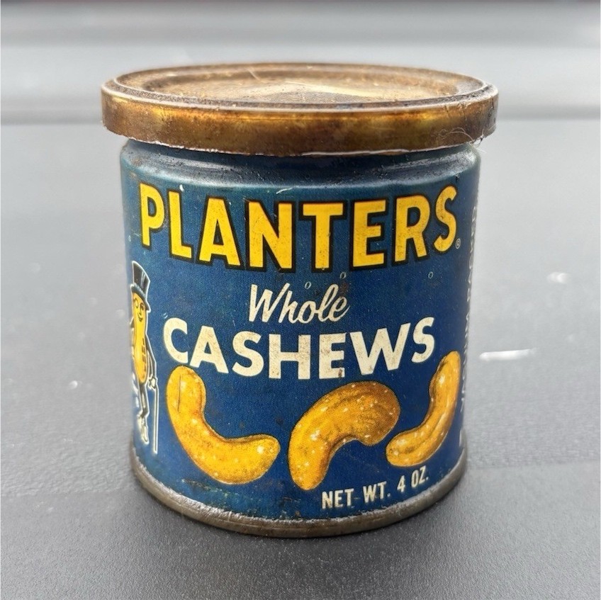 Planters Nuts Vintage Whole Cashews 4 oz Blue Label Advertising Tin Can
