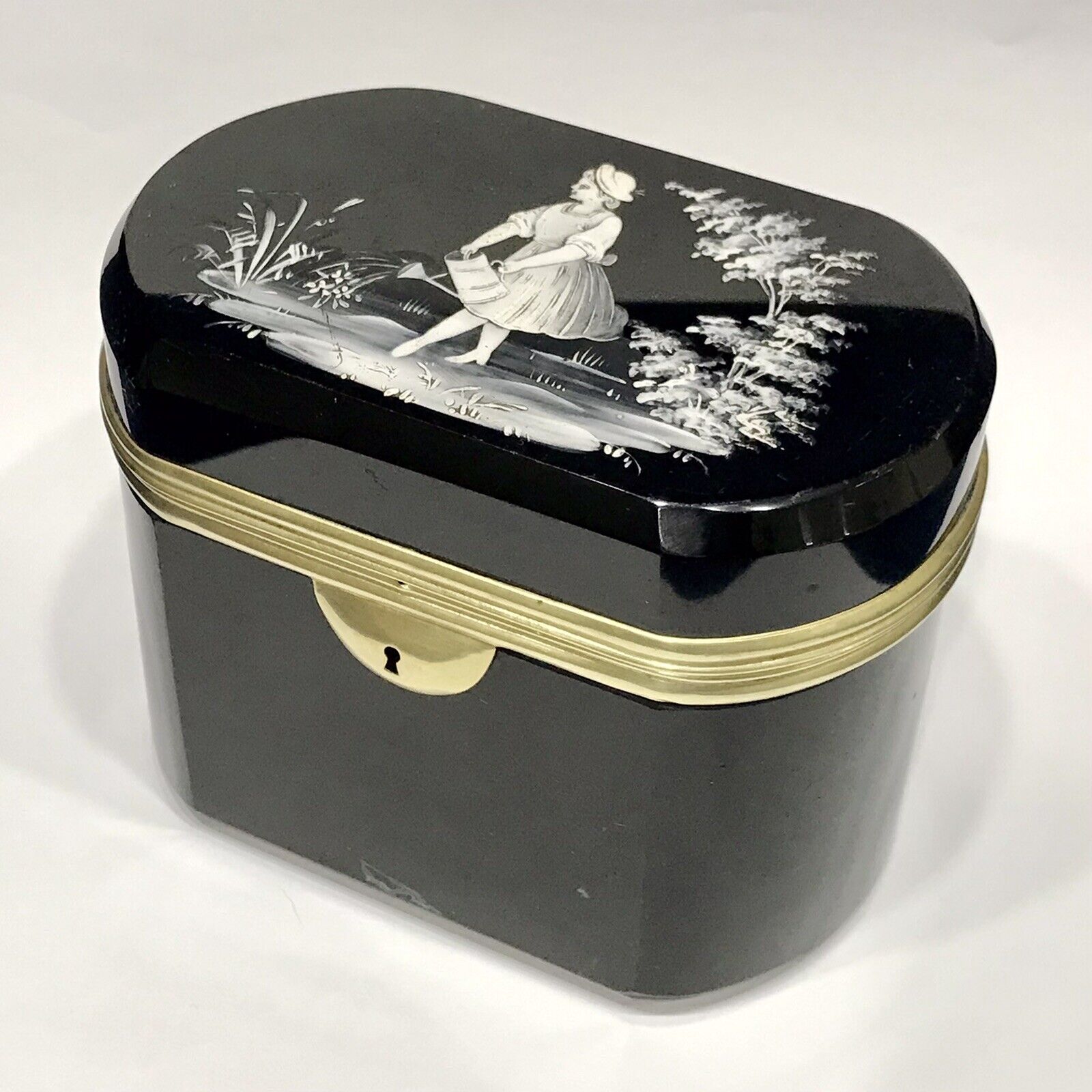 Antique French Black Opaline Casket Hinged Box Mary Gregory, Stunning
