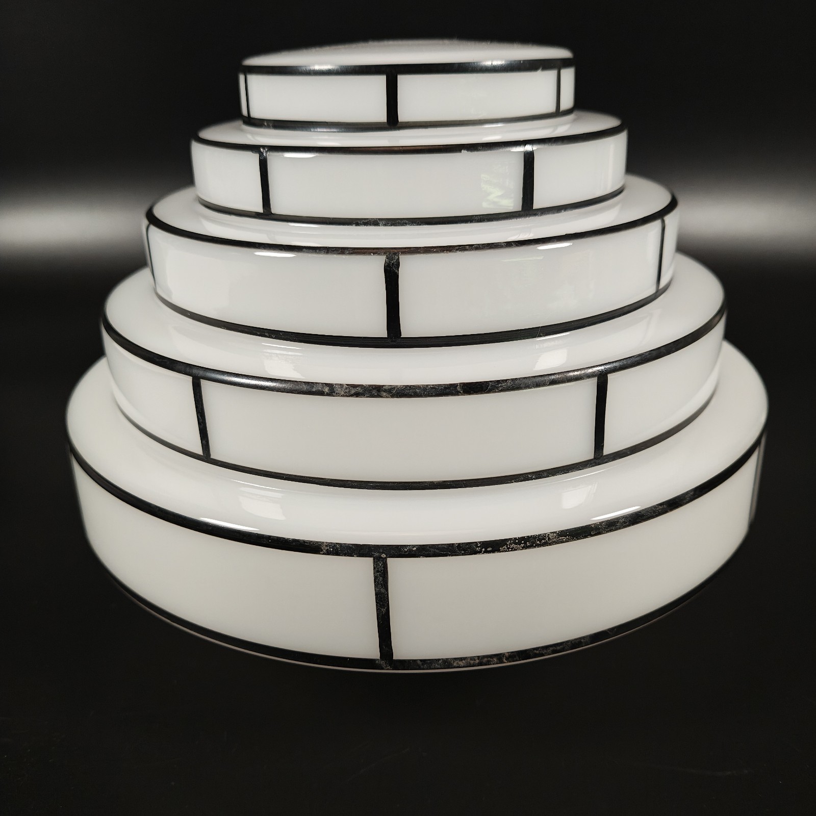 Art Deco Macbeth-Evans Wedding Cake 5 Tier Black Stripe Monax Glass Globe