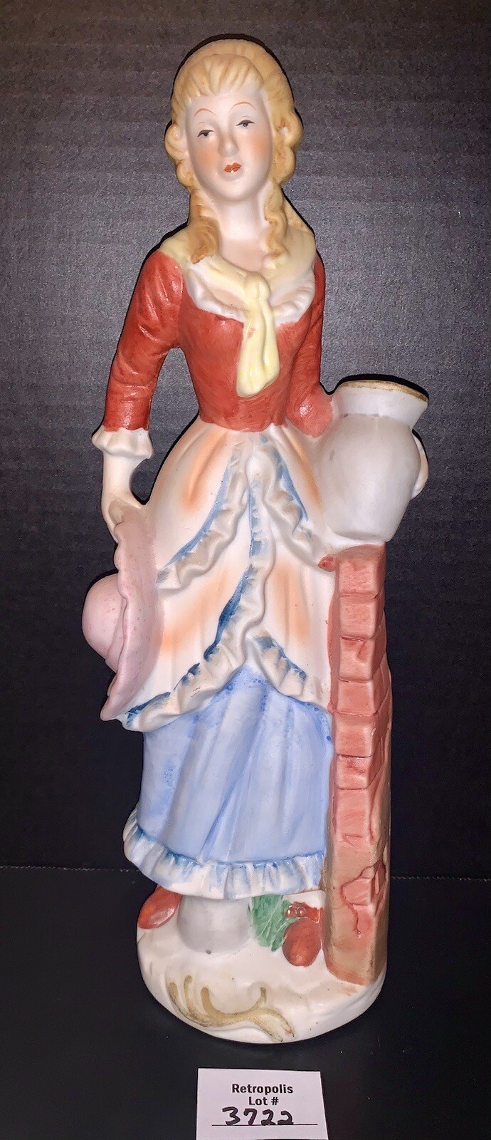 Satis-5 Lady Ceramic Bisque Figurine Hat & Vase Vintage Hand Painted