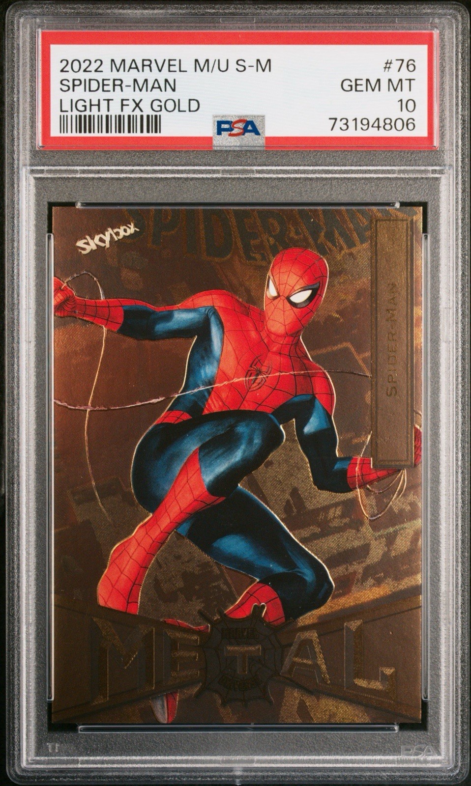 2022 Upper Deck SkyBox Marvel Metal Universe Spider-Man #76 Gold FX PSA 10 Pop 3 2022 Upper Deck SkyBox Marvel Metal Universe Spider-Man #76 Gold FX PSA 10 Pop 3