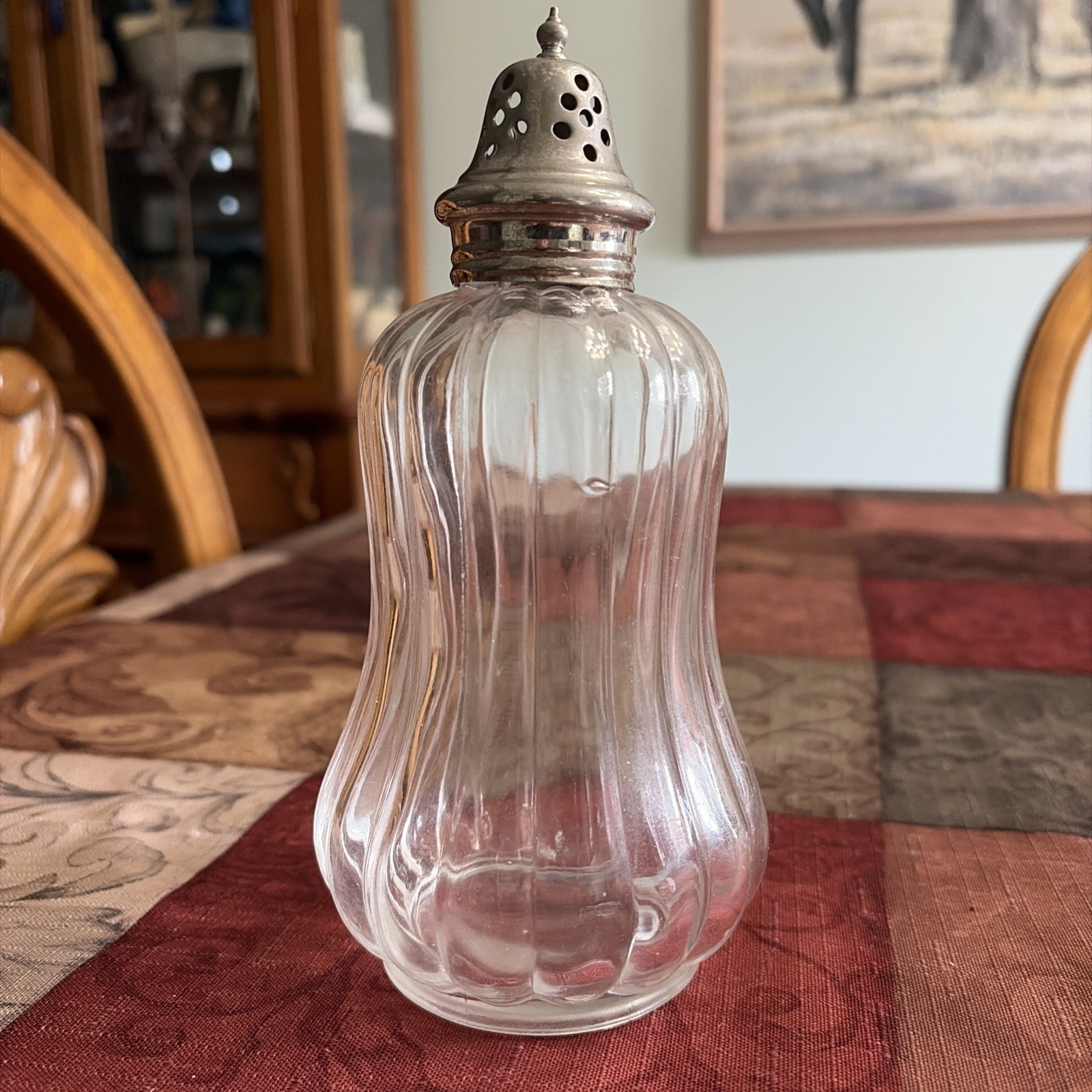 Muffineer or Sugar Shaker Ribbed Glass with Silver Plate Top Vintage Table Decor