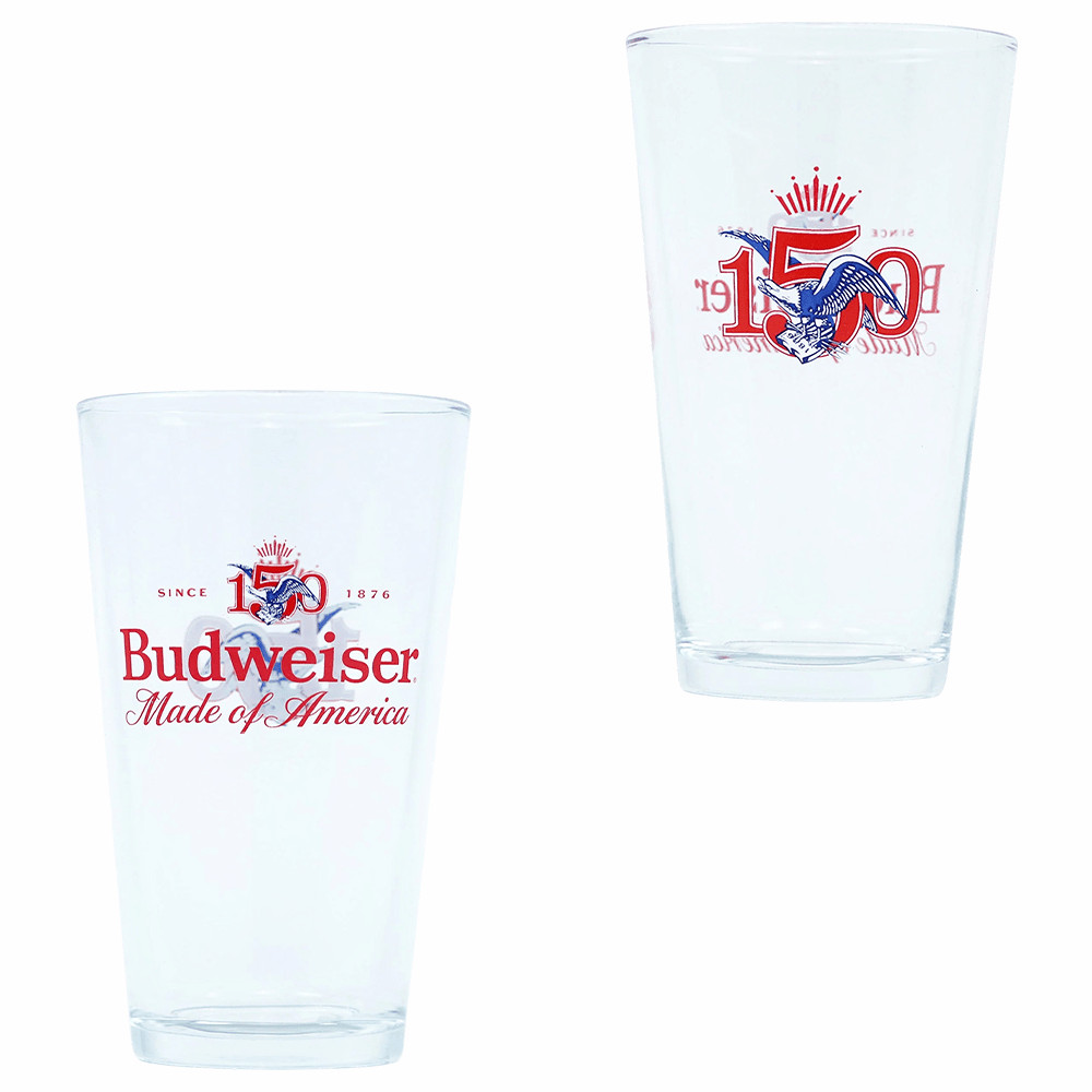 Budweiser 150th Anniversary America 16 Oz Pint Beer Glasses Set Of Two (2) New Budweiser 150th Anniversary America 16 Oz Pint Beer Glasses Set Of Two (2) New