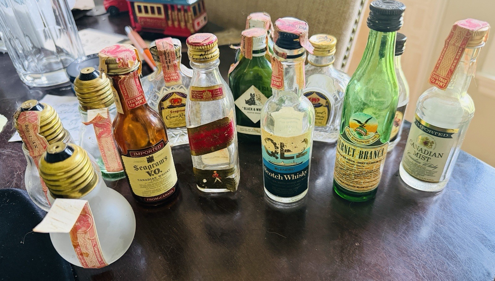 Lot Of 13 Vintage Airline And QE2 Glass Empty Miniature Liquor Bottles