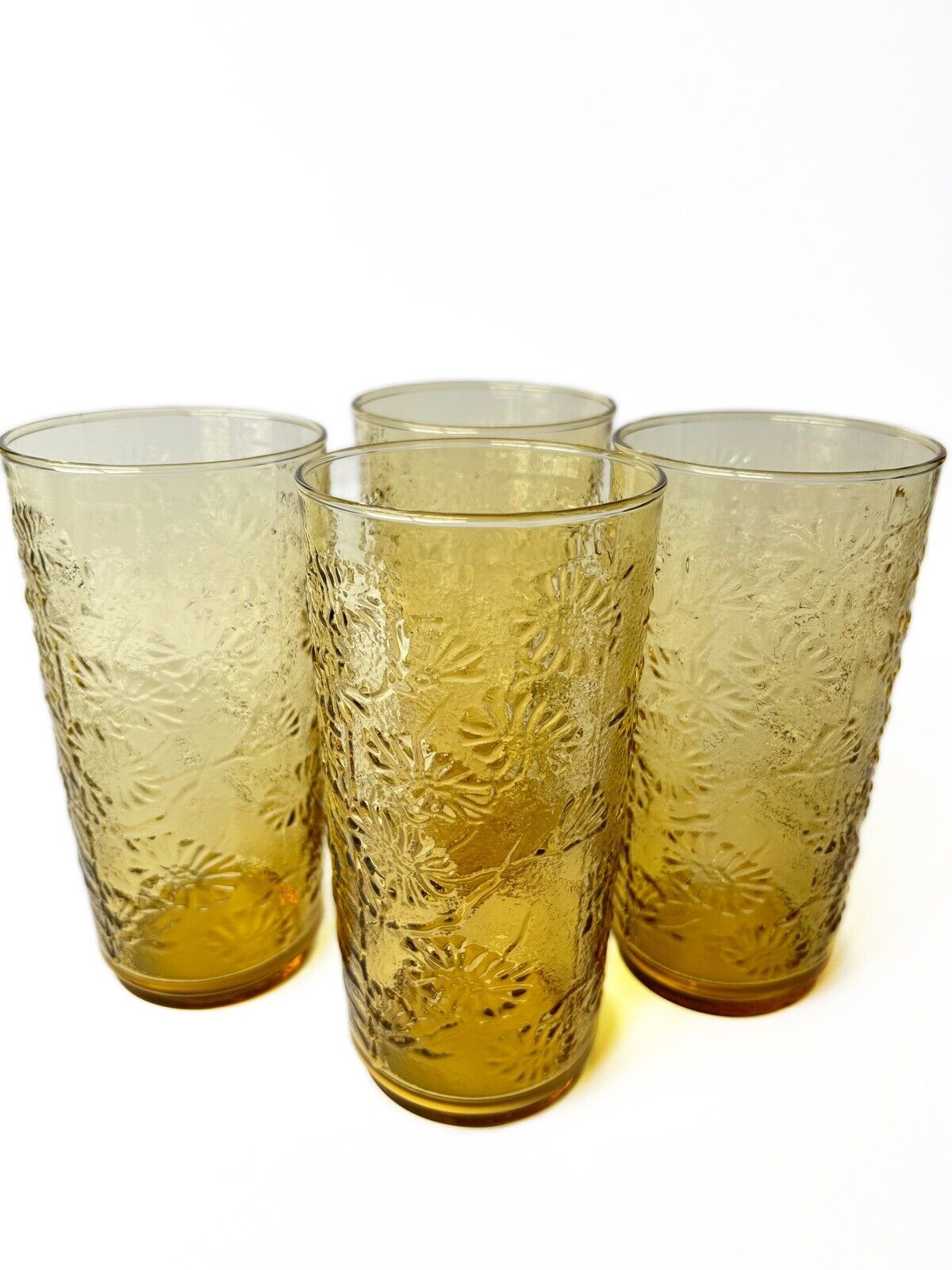 4 Vtg Anchor Hocking Spring Song Daisy Amber Tumblers 6.75 in TALL 24 Oz HTF