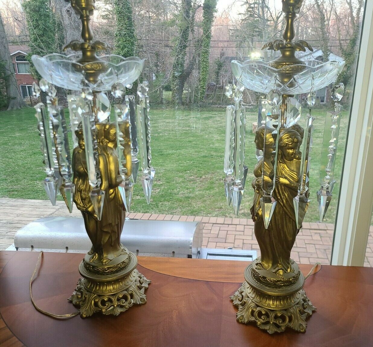 STUNNING PAIR ANTIQUE GILT SPELTER PRISM GODDESS LAMPS STUNNING PAIR ANTIQUE GILT SPELTER PRISM GODDESS LAMPS