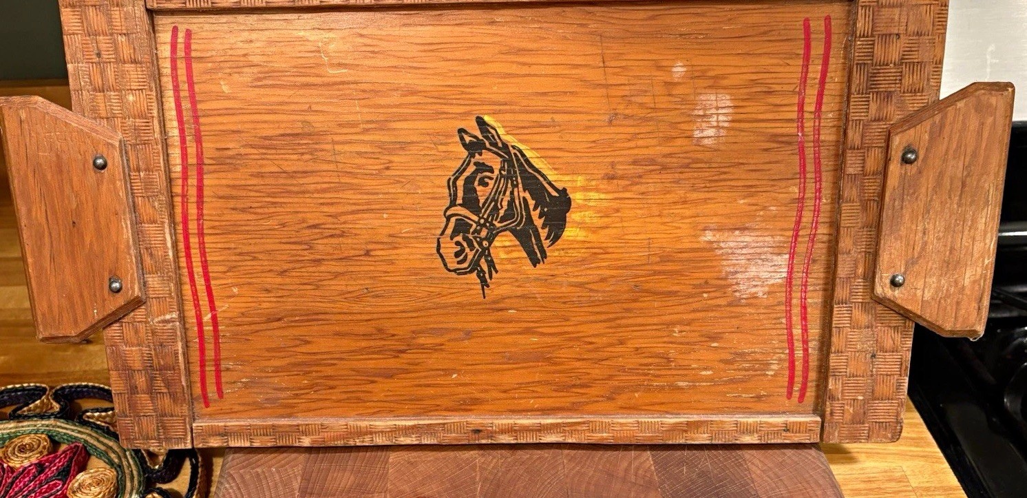 Hand-Painted Wooden Serving Tray w/ Handles, Rectangle Horse Animal Pattern Vtg
