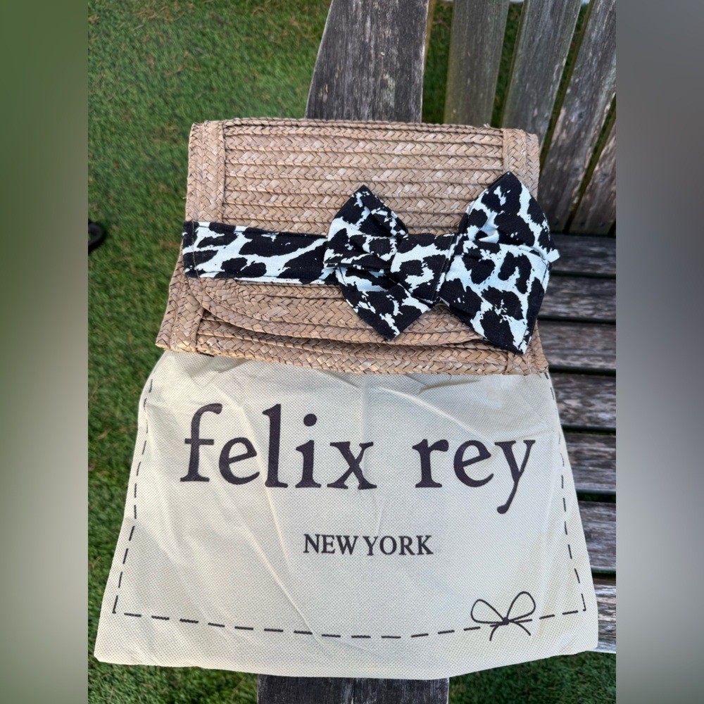 Vintage  FELIX REY  Clutch Bag Natural Woven Straw Wicker Bow Leopard NWT W
