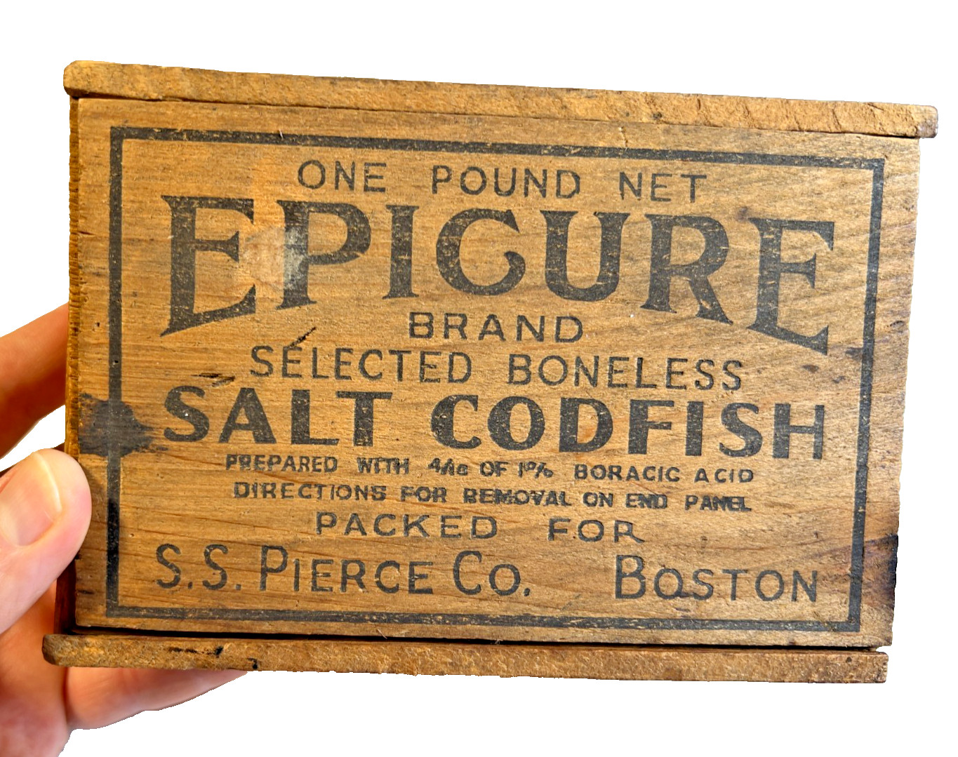 Antique EPICURE Salt Codfish Box S.S. Pierce Co Boston Massachusetts 1890s Wood