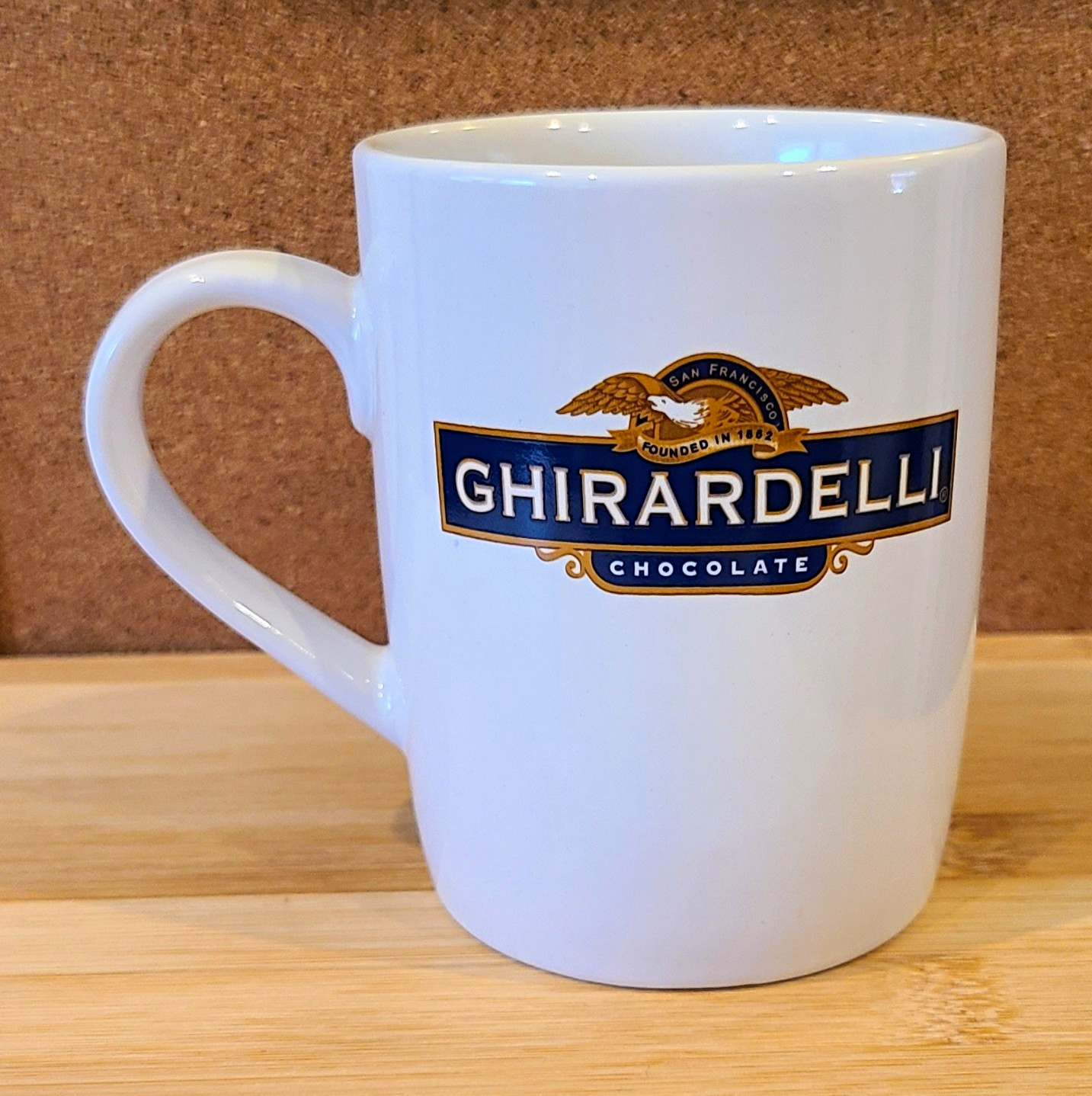 Ghirardelli Chocolate White/Blue/Gold Logo Advertising Coffee Mug Cup ©2014 Tea