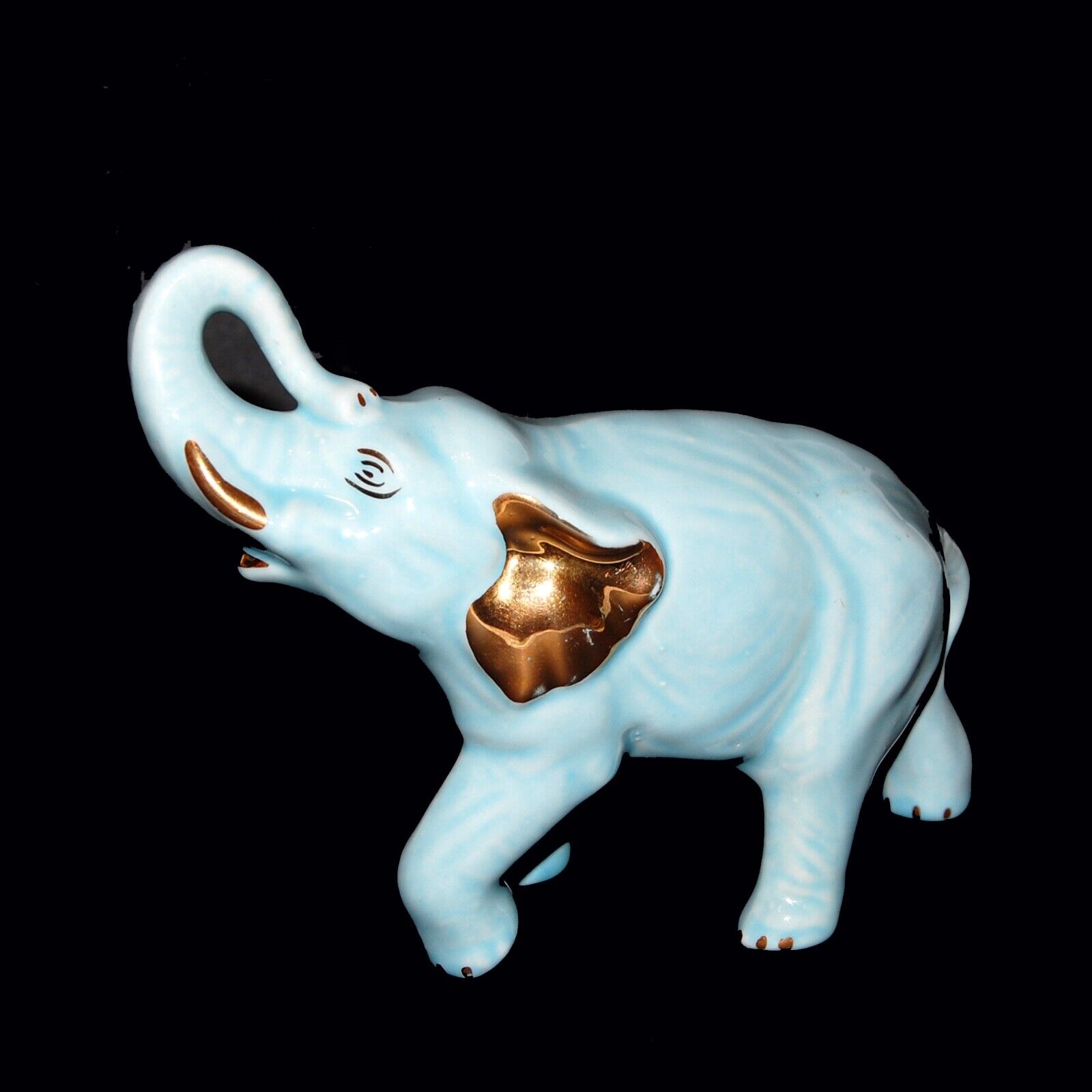 Vintage MCM Pastel Blue Porcelain Elephant Figurine w/ Gold Trim 8”