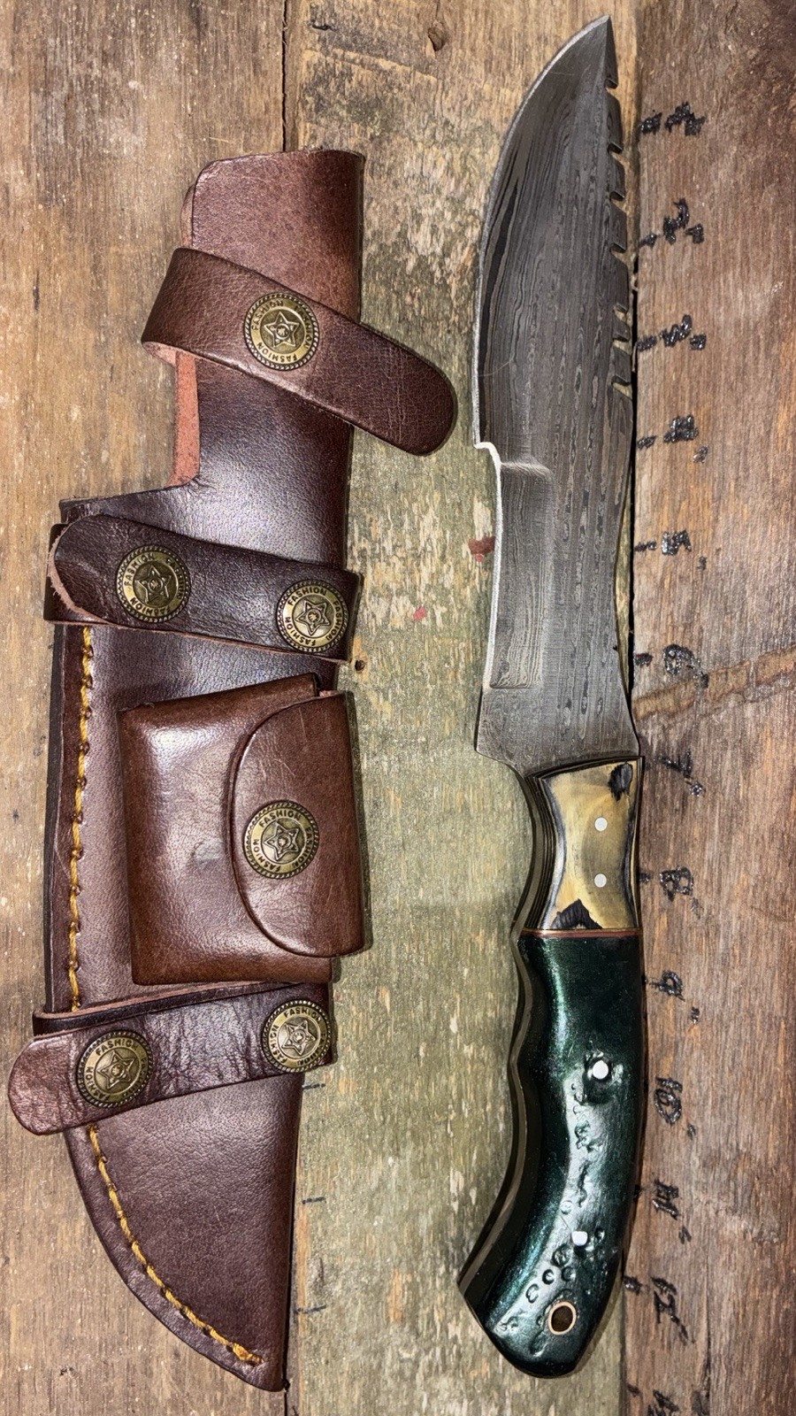 12.5” Handmade Etched Damascus Hunting Tracker Knife, w/Leather Sheath 12.5” Handmade Etched Damascus Hunting Tracker Knife, w/Leather Sheath