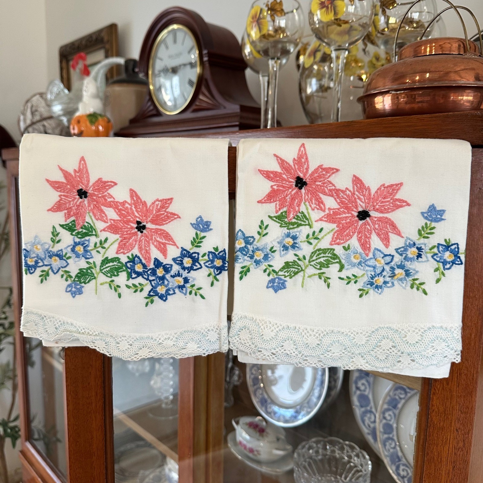 VTG Hand Embroidered Pillowcase Pair Pink Blue Floral Trim White Cottagecore