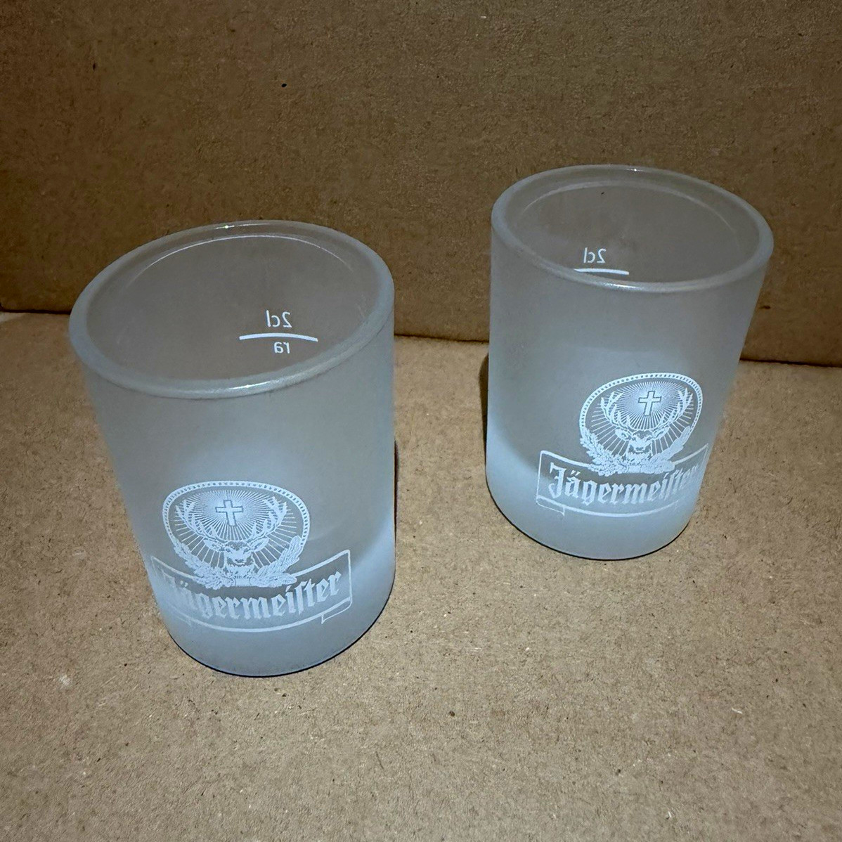 Jagermeister Frosted Shot Glasses 2cl Clear/White Distillery Theme Set of 2 Jagermeister Frosted Shot Glasses 2cl Clear/White Distillery Theme Set of 2