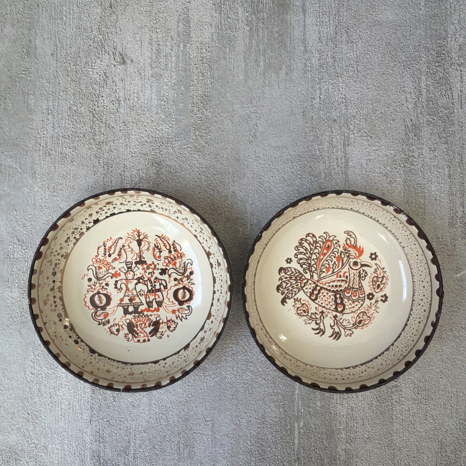 Vintage Moissiadis Greek Hand-Made Enamel Trinket Dishes Pair Folk Art 3.5 in