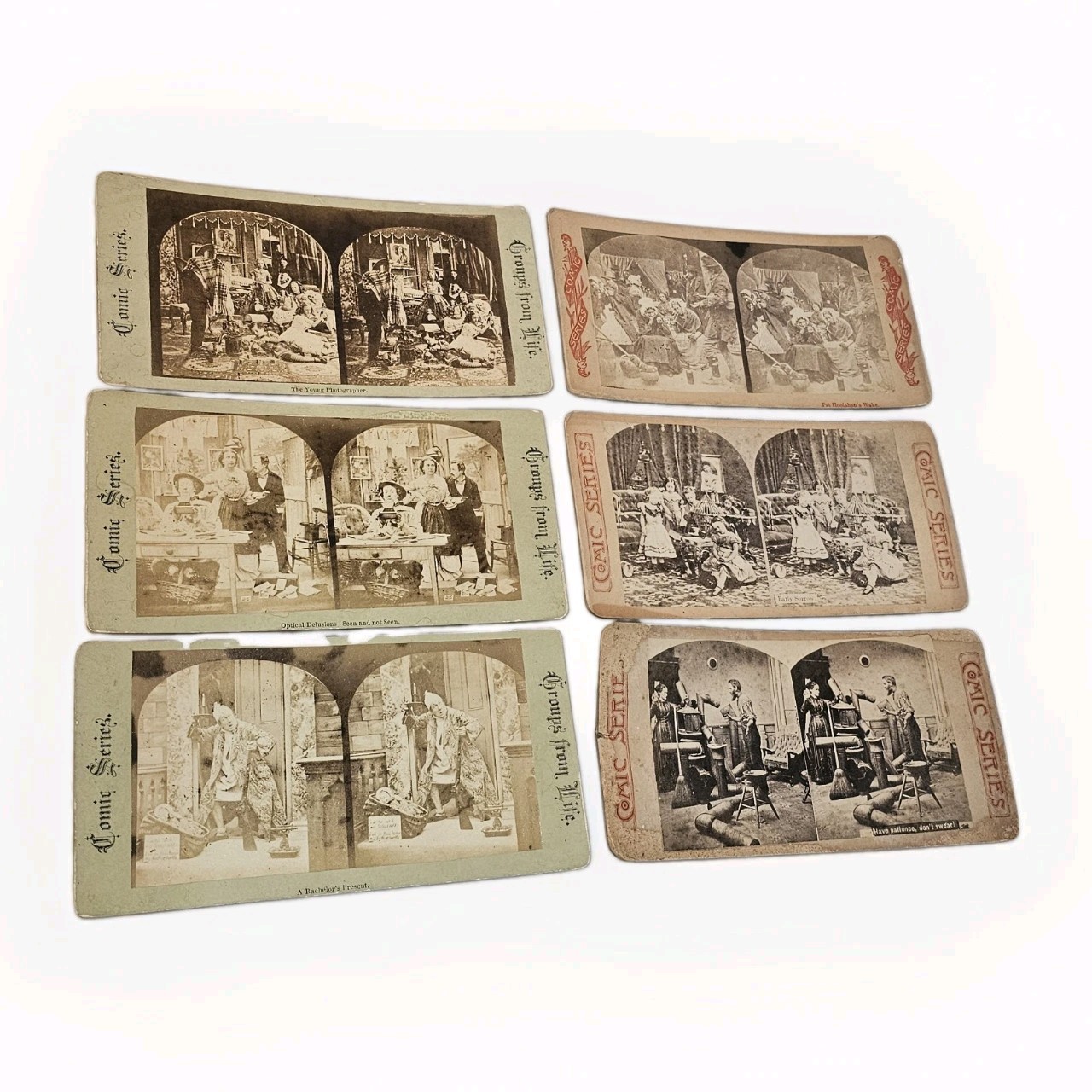 Lot of 6 Antique Comic Stereoview Cards c1900 British Groups From Life Victorian