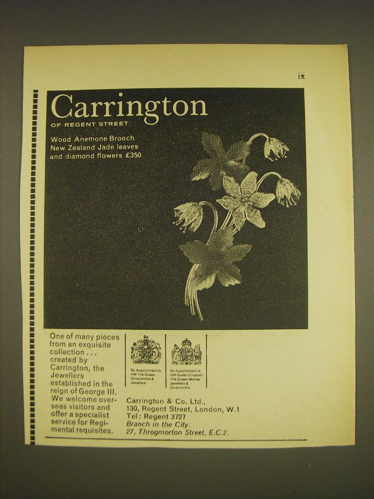 1963 Carrington Jewellers Wood Anemone Brooch Ad - Carrington of Regent Street