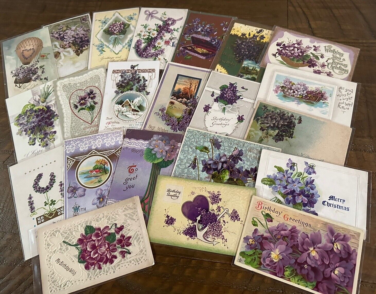 Nice~Lot of 22 Greetings Postcards with Purple Violets Flowers~in Sleeves~h461