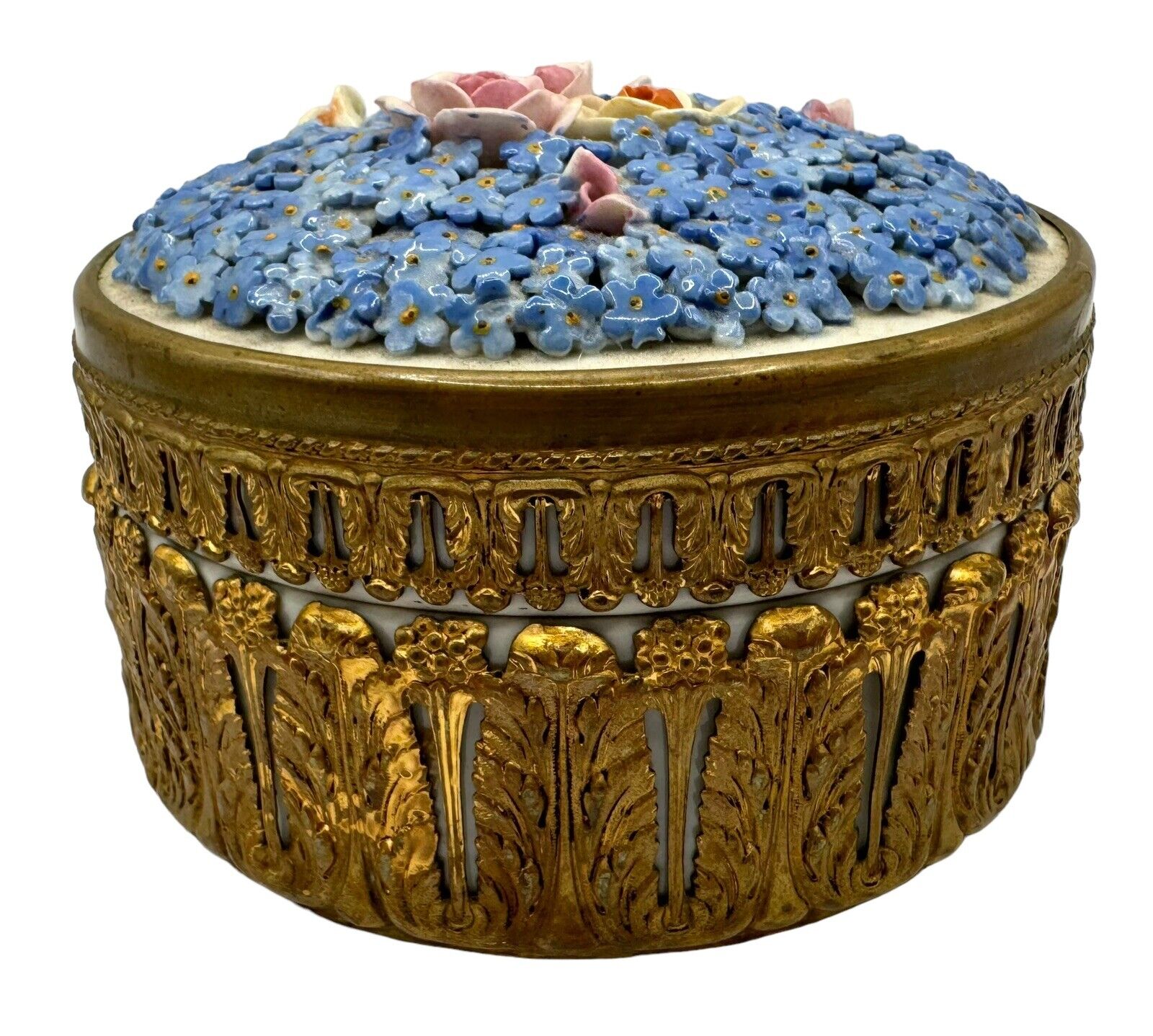 Vintage German Elfinware Porcelain Metal Trinket Box Blue Flowers SEE READ