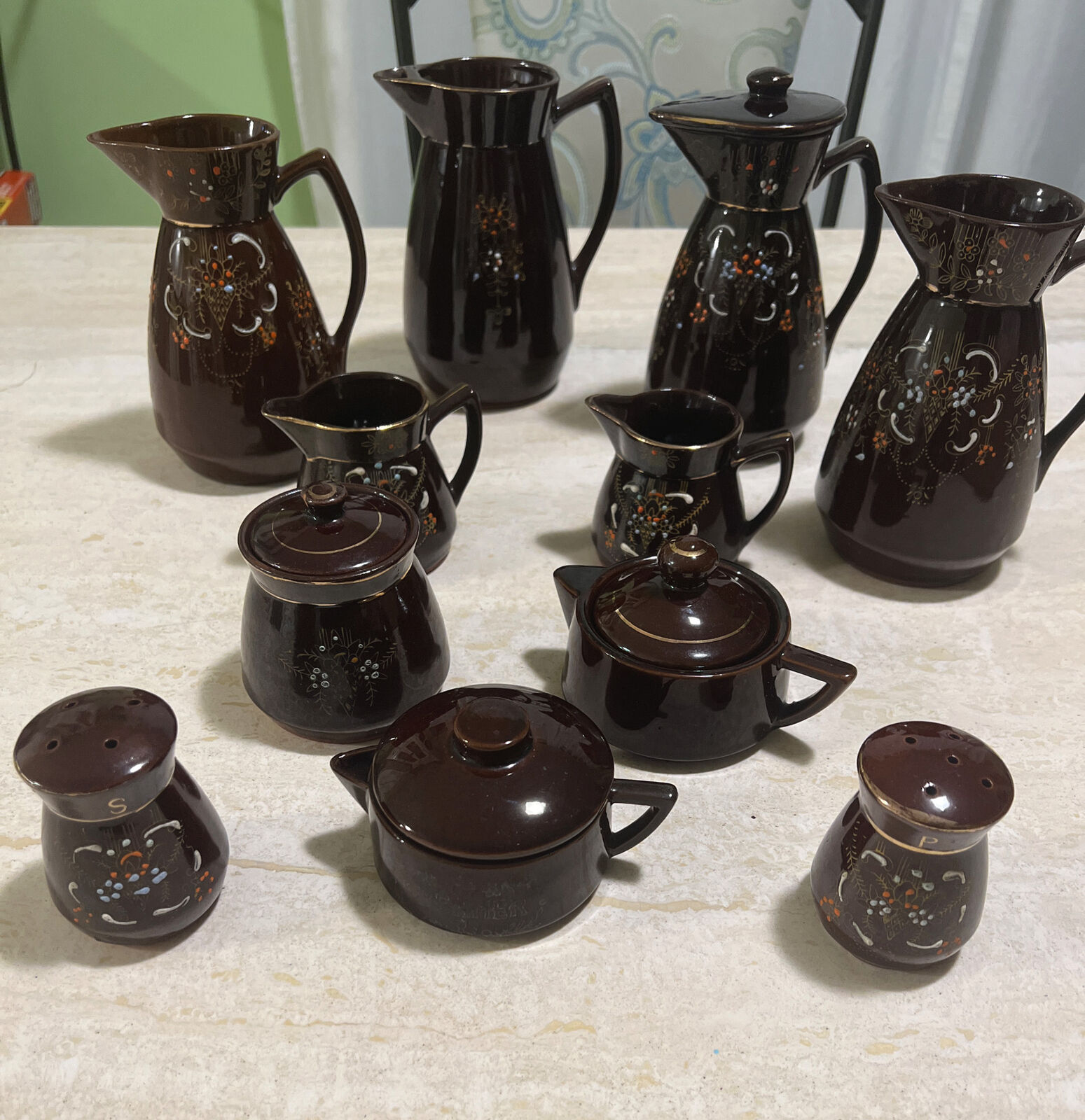 Large set of Vintage Redware Brown Betty Hand Painted Moriage Japanese Pottery