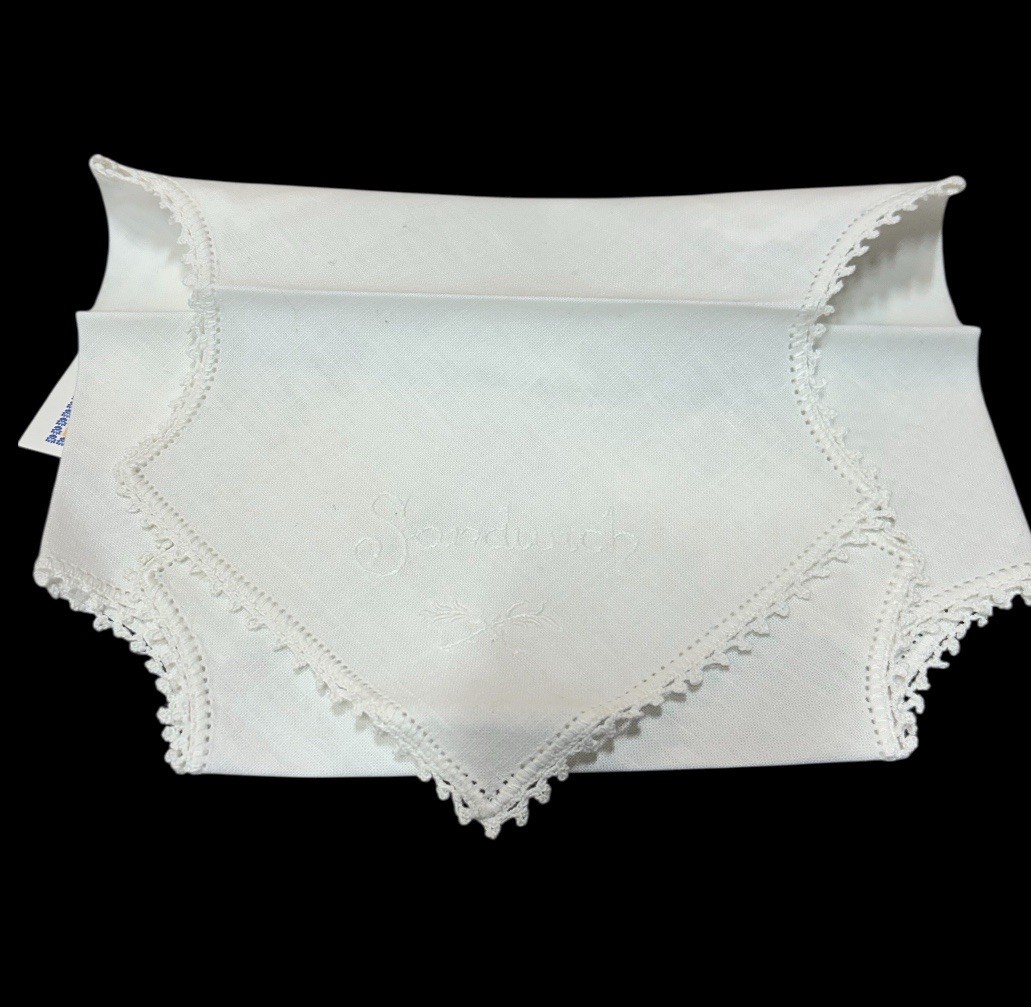 Vintage white linen napkin Sandwich Cover with lace trim  