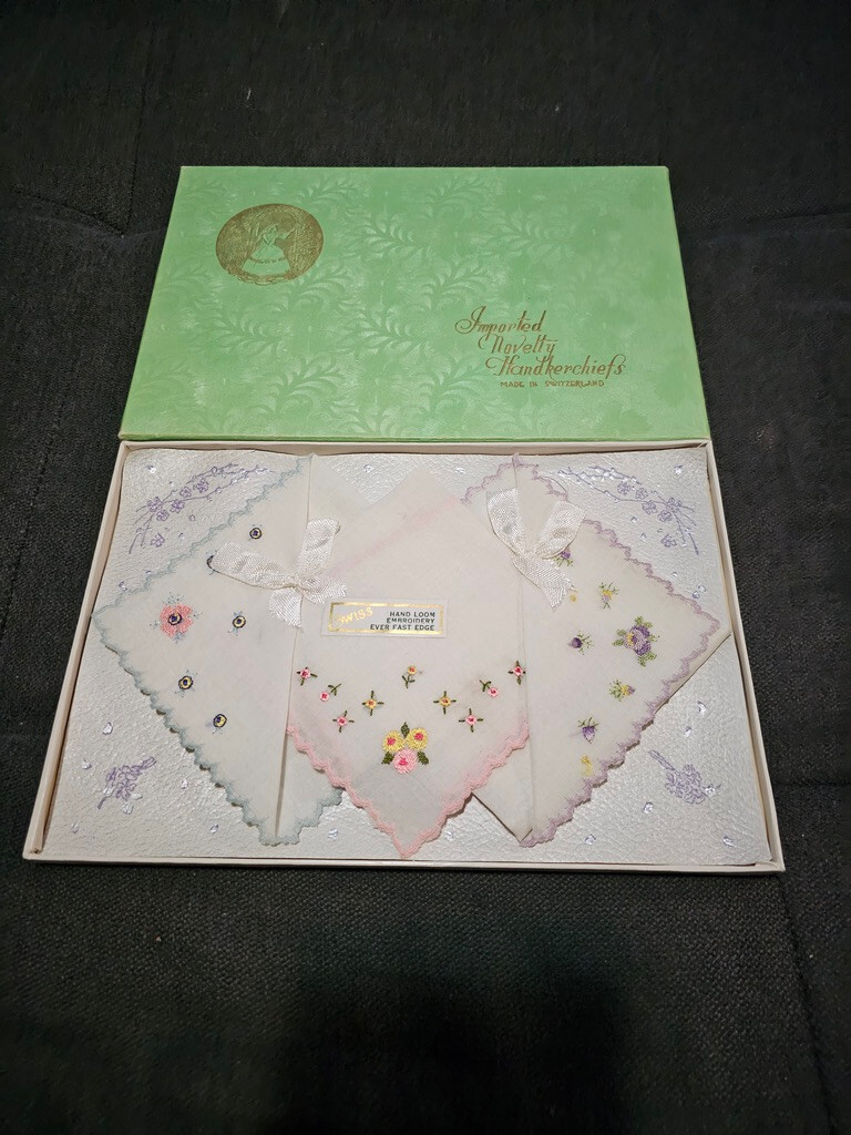 LOT OF 3 Vtg NOVELTY Handkerchiefs Made in Switzerland  Cotton Floral - IN BOX.
