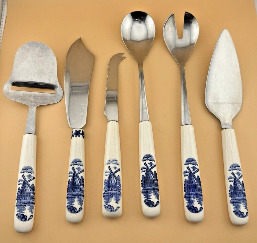Vintage Elesva Stainless Steel Porcelain Handle Kitchen Utensils Blue & White
