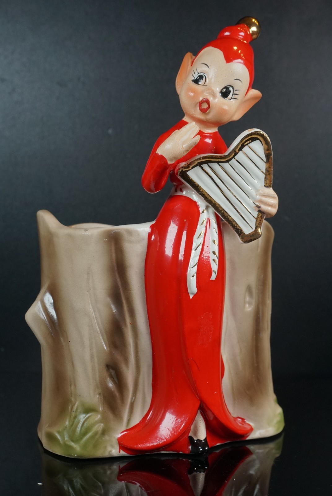 Vintage Brinn's Japan Ceramic Elf Pixie Harp Player Tree Stump Planter Christmas