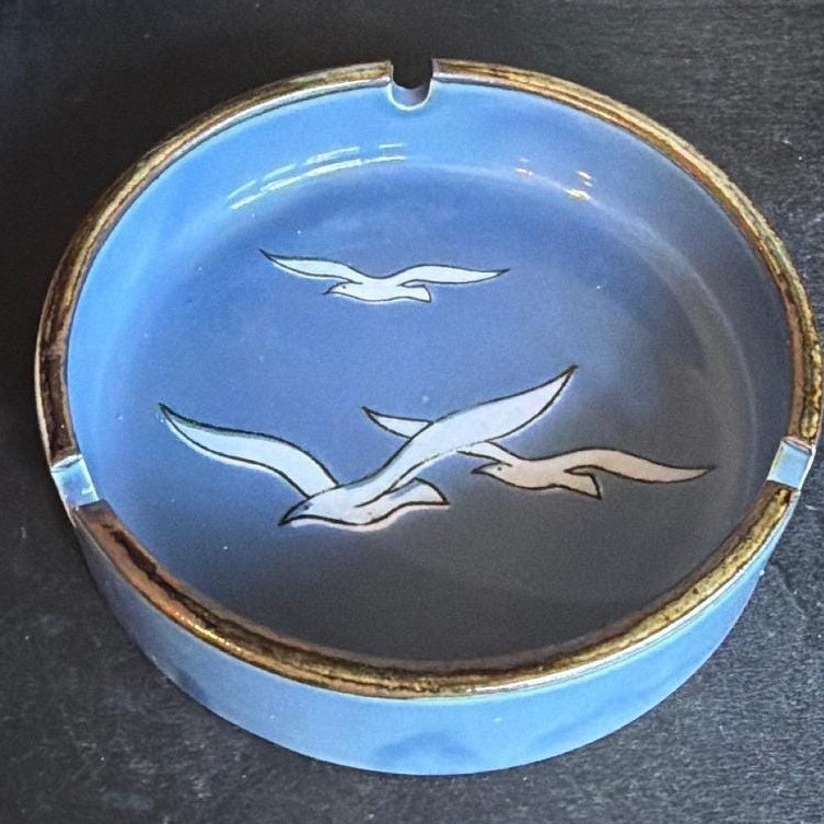 Vintage Blue Ceramic Seagull Ashtray Mid-Century Coastal Nautical Decor 6 Inch