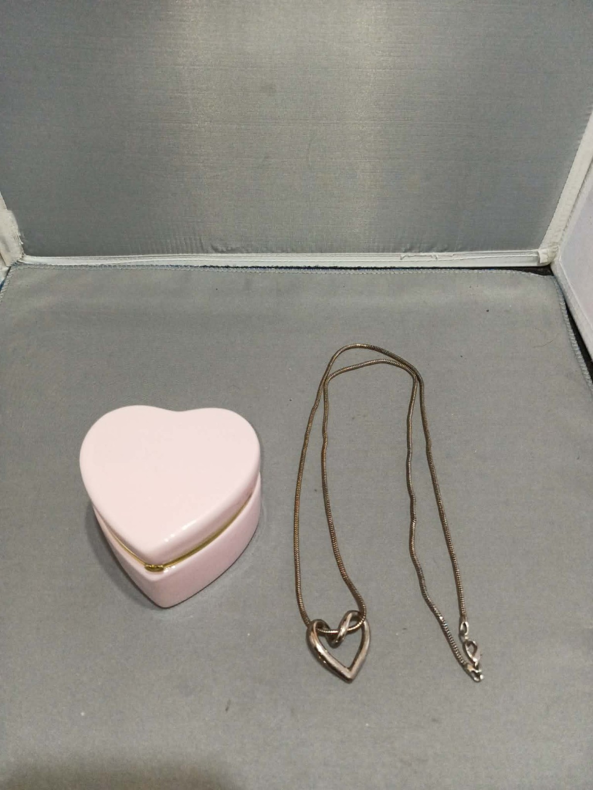 Heart Shaped Trinket Jewelry Box Porcelain Pale Pink with silver tone neckless