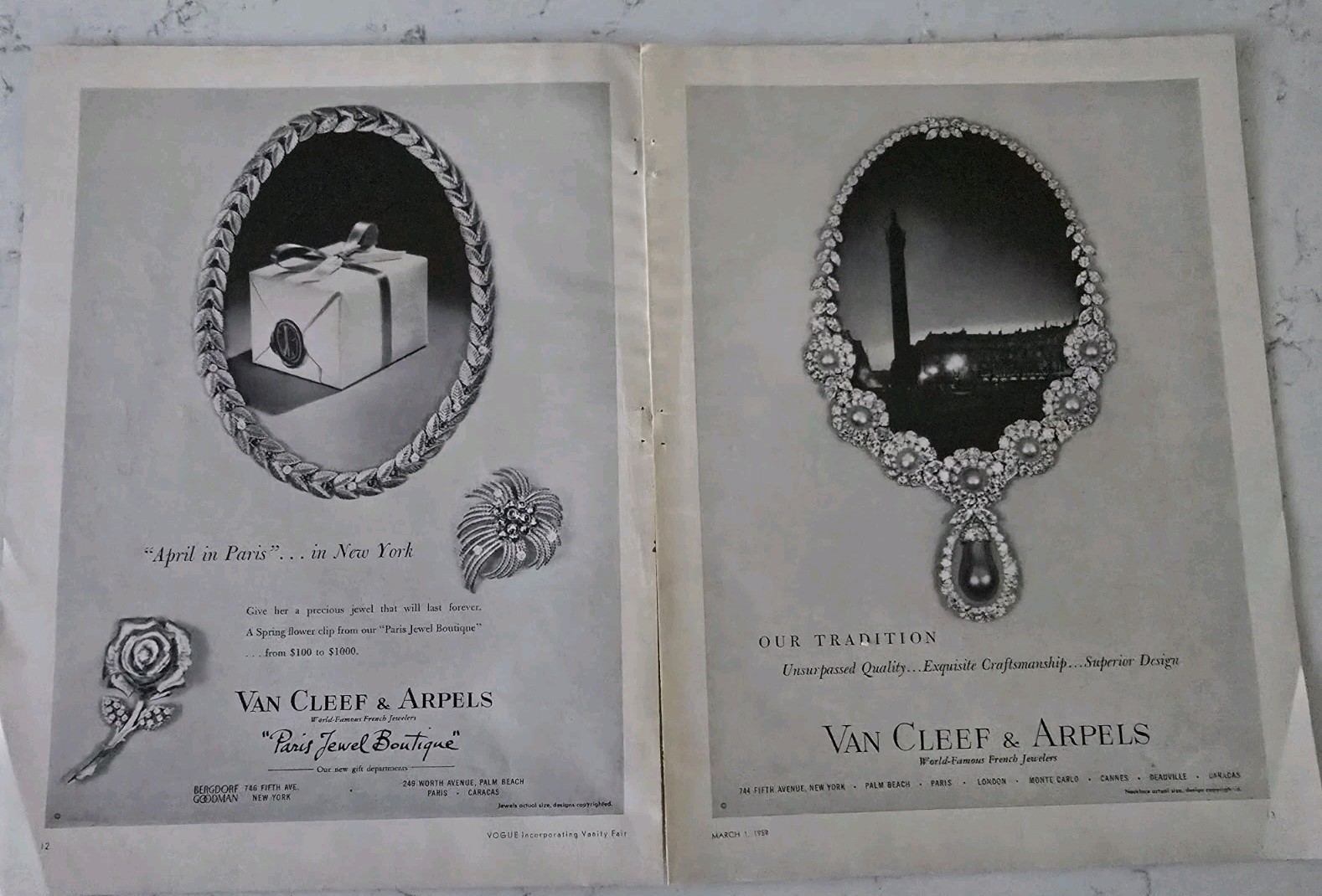 1959 Van Cleef & Arpels Diamond Necklace Pin Vintage 2 Page Jewelry Ad 