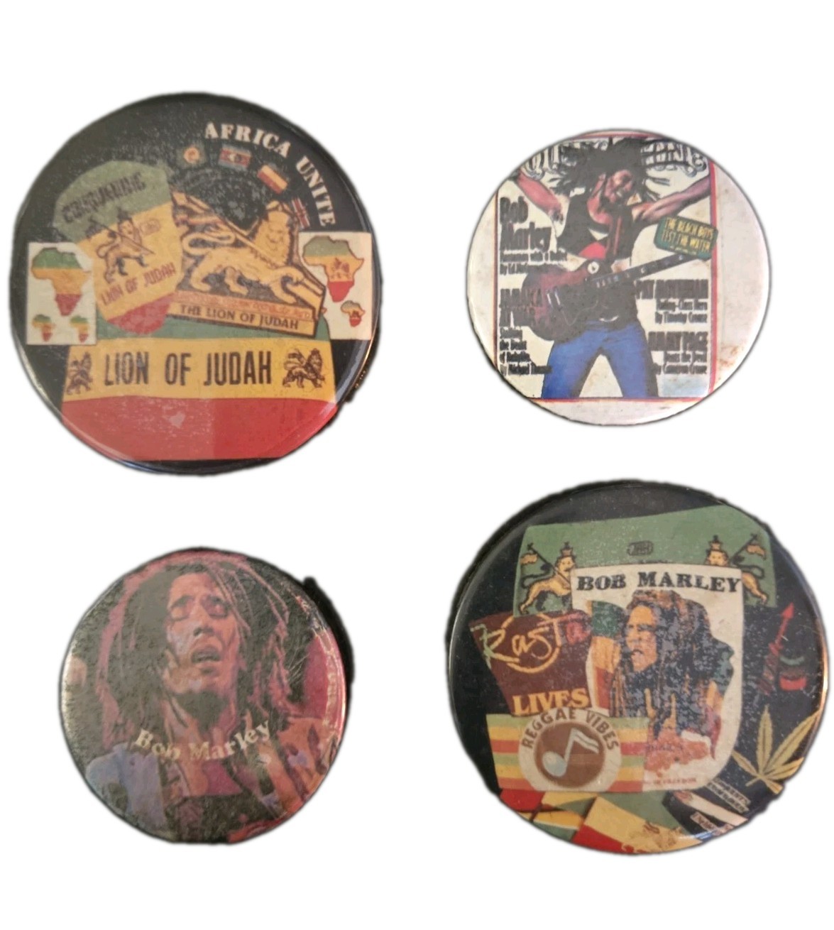Vintage 1970s Bob Marley Pinback Button Lot (4) Lion of Judah Rasta Reggae Pins