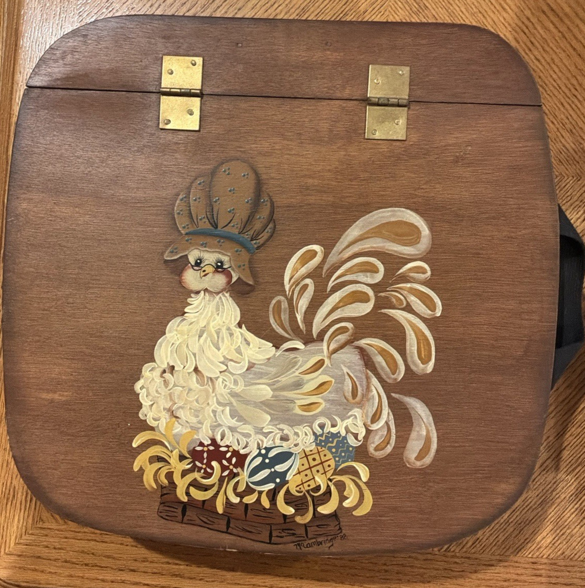Vintage Longaberger Picnic Basket Hand Painted Rooster Signed McCambridge 1988