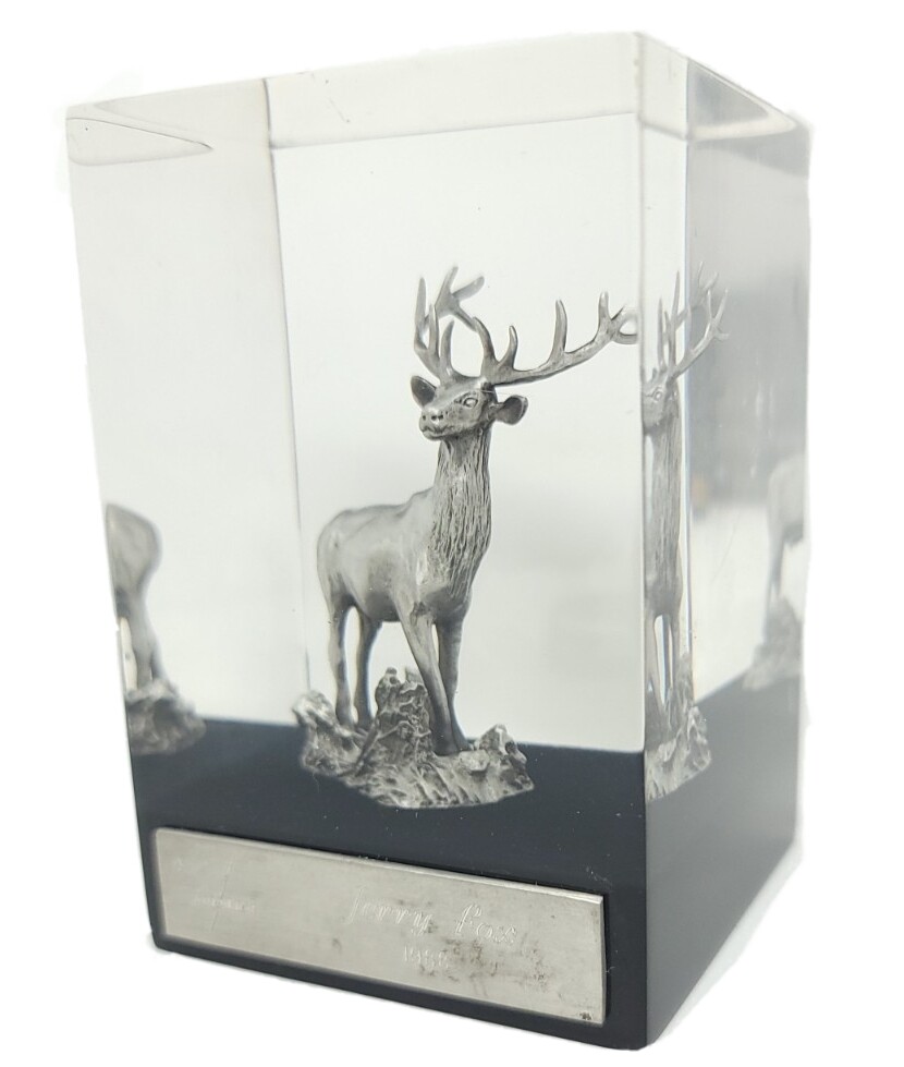 Jerry Fox Vanguard Elk Pewter Figurine 1988 Lucite Paperweight Vintage