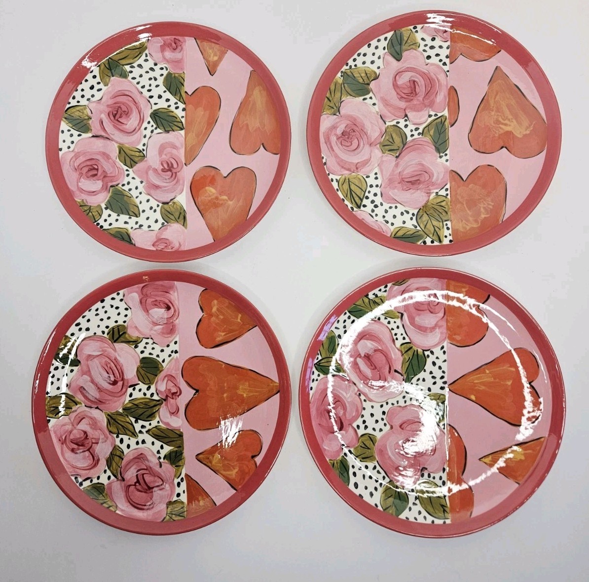 Droll Designs Hand Painted Hearts & Roses Salad Dessert Plates 7.75” Lot Of 4 Droll Designs Hand Painted Hearts & Roses Salad Dessert Plates 7.75” Lot Of 4