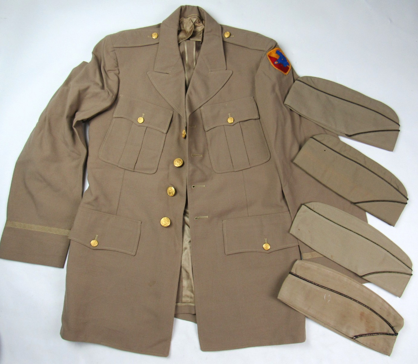Vtg 1945 US Army 49th Infantry Division Officers Khaki Dress Jacket Garrison Cap