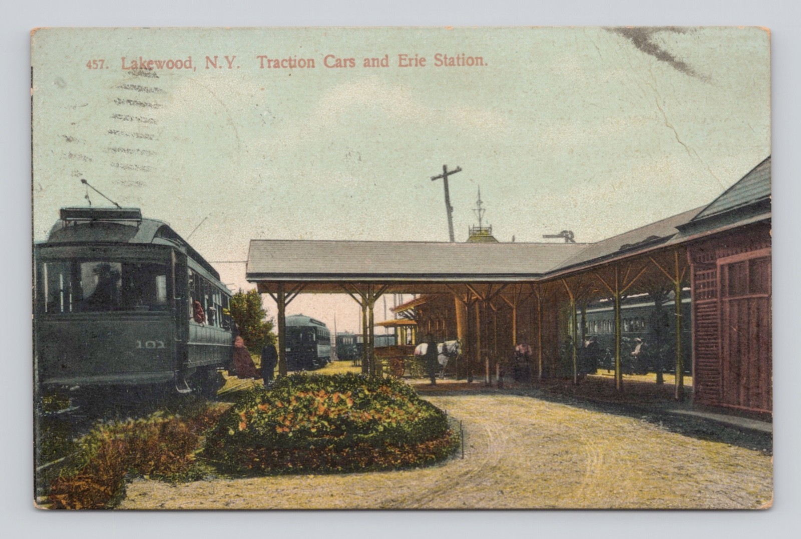 Postcard Lakewood NY Traction Cars and Erie Station Depot c-1915