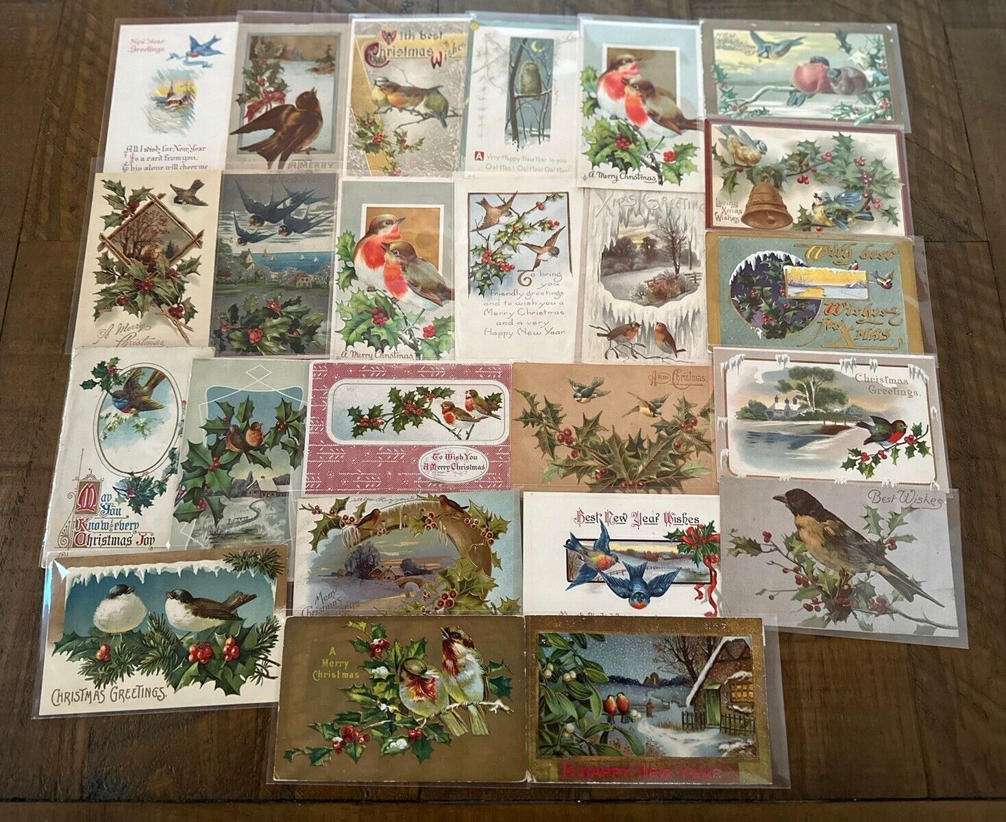 Lot of 25 Antique~CHRISTMAS & NEW YEAR  POSTCARDS with Birds-In Sleeves~k-217