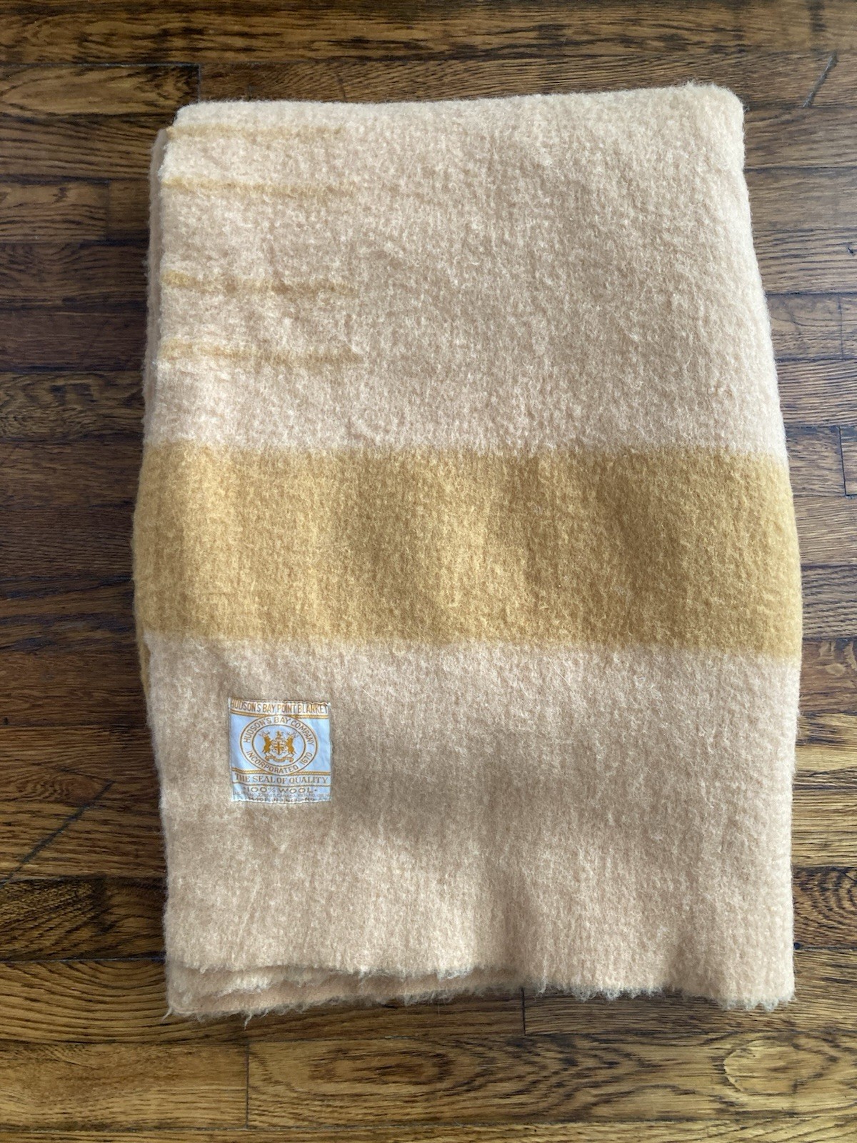 Vintage Hudson’s Bay 4 Point Gold Wool Striped Blanket 88” X 68”